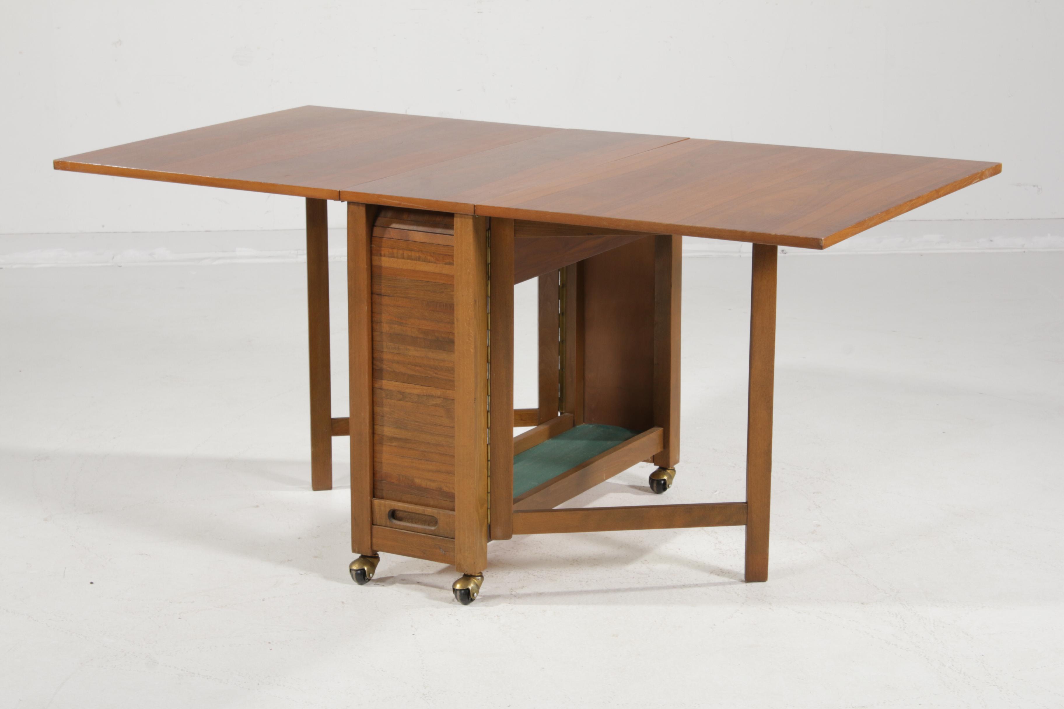 Mid Century Modern Gate-Leg Storage Table Five-Piece Set with Folding Chairs