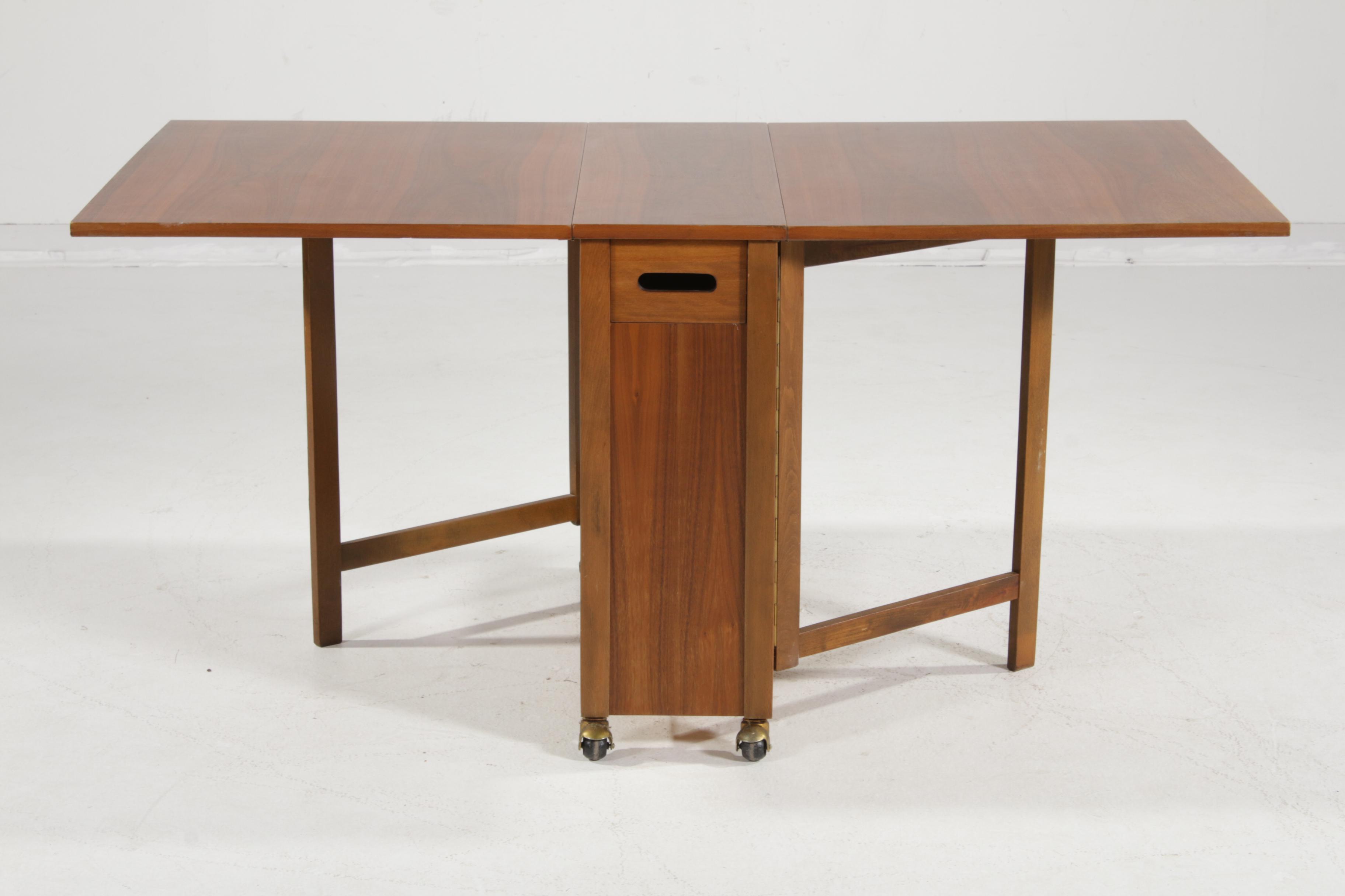 Mid Century Modern Gate-Leg Storage Table Five-Piece Set with Folding Chairs