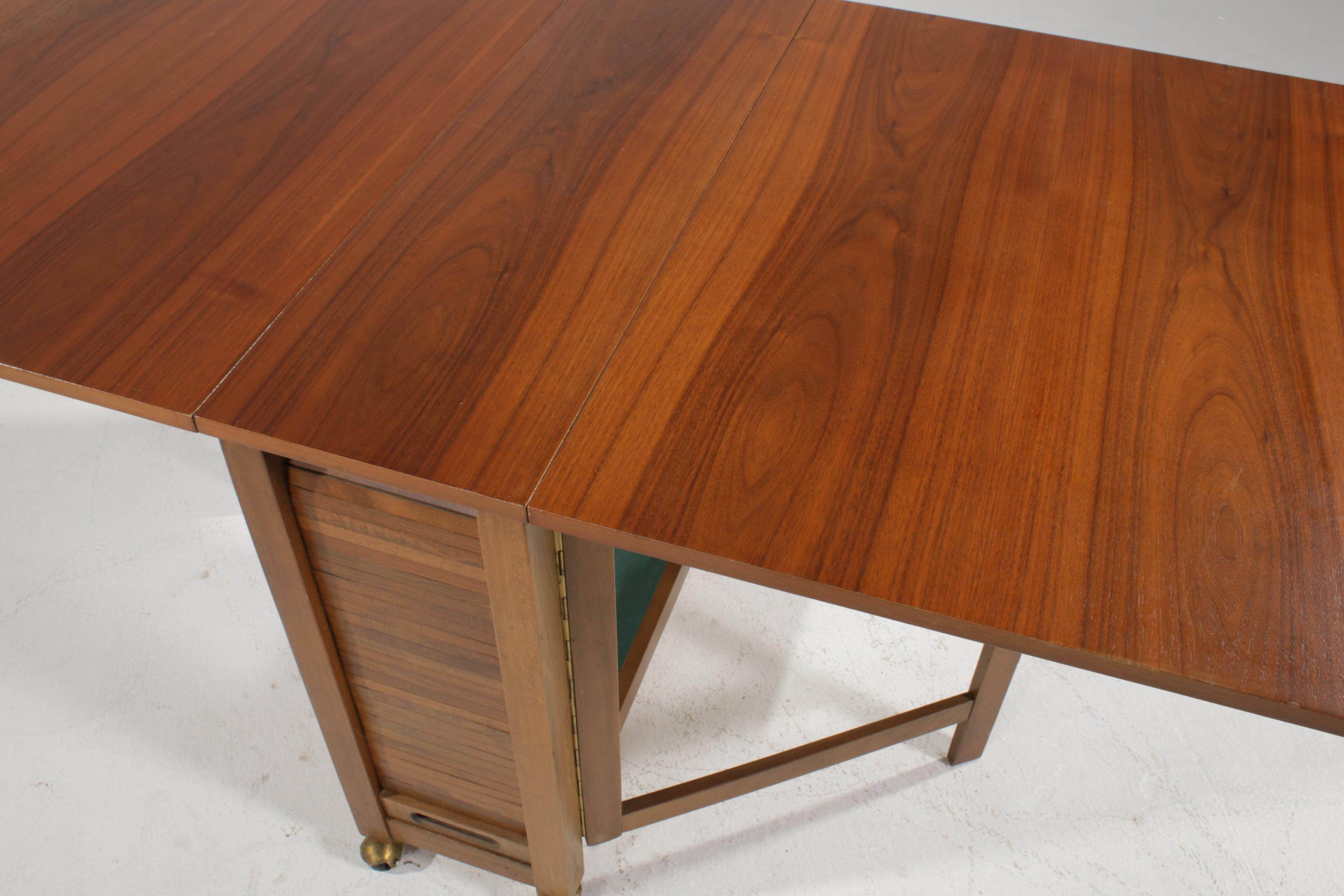 Mid Century Modern Gate-Leg Storage Table Five-Piece Set with Folding Chairs