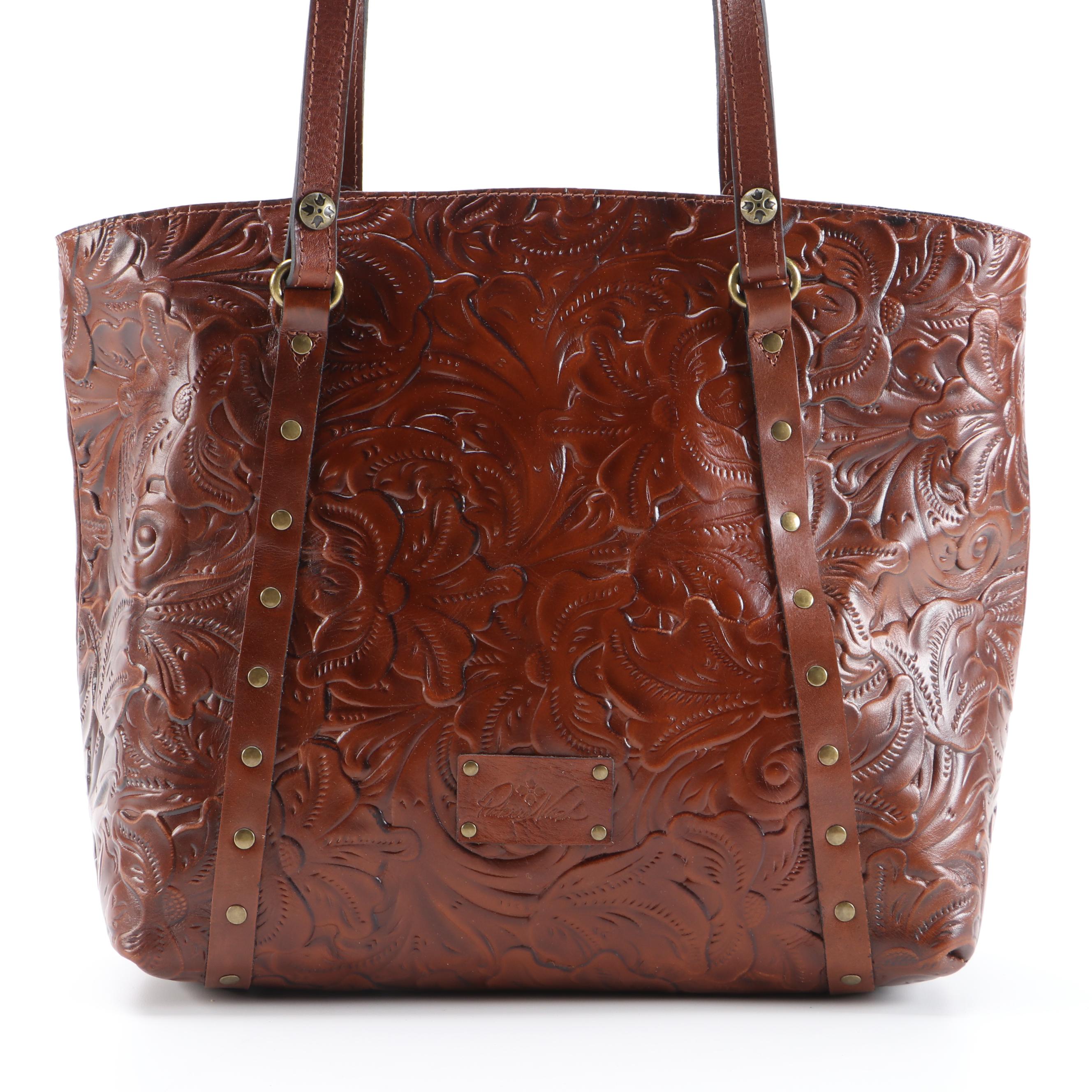 Patricia Nash Floral Tooled Leather Tote Bag in Whiskey Brown