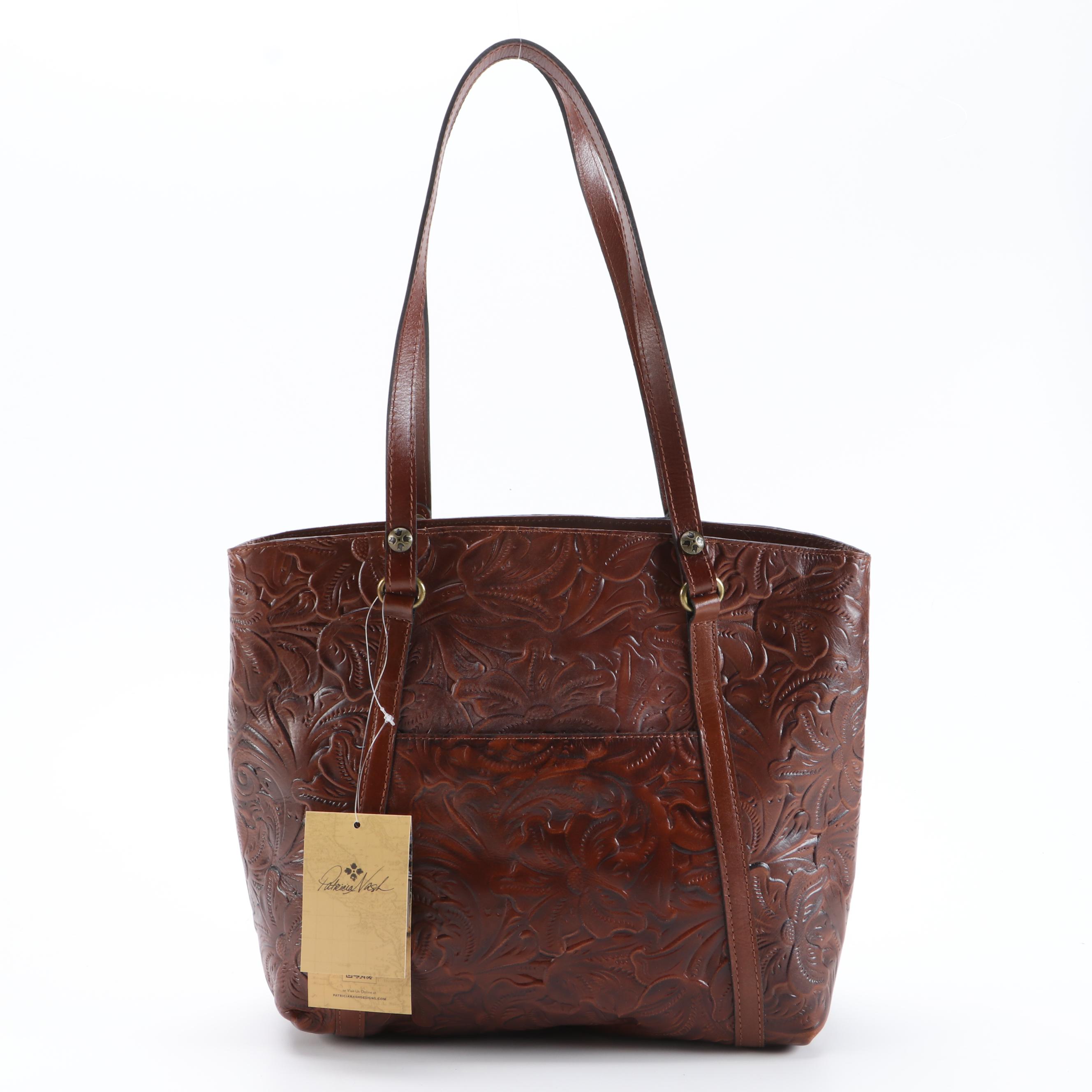 Patricia Nash Floral Tooled Leather Tote Bag in Whiskey Brown