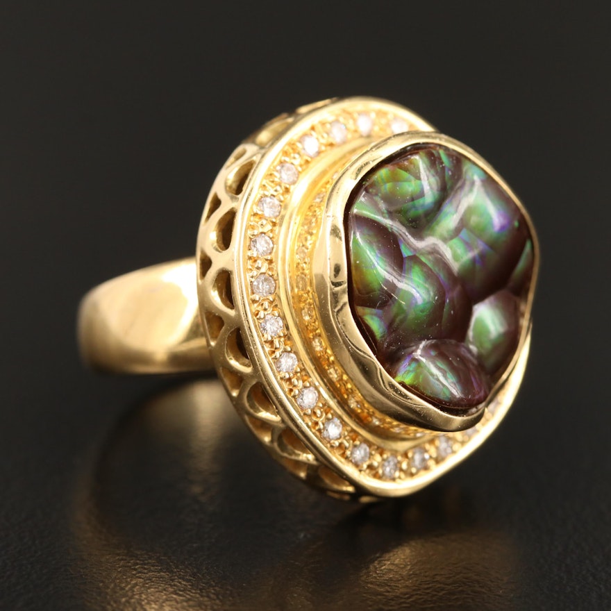18K Fire Agate Ring with Diamond Halo