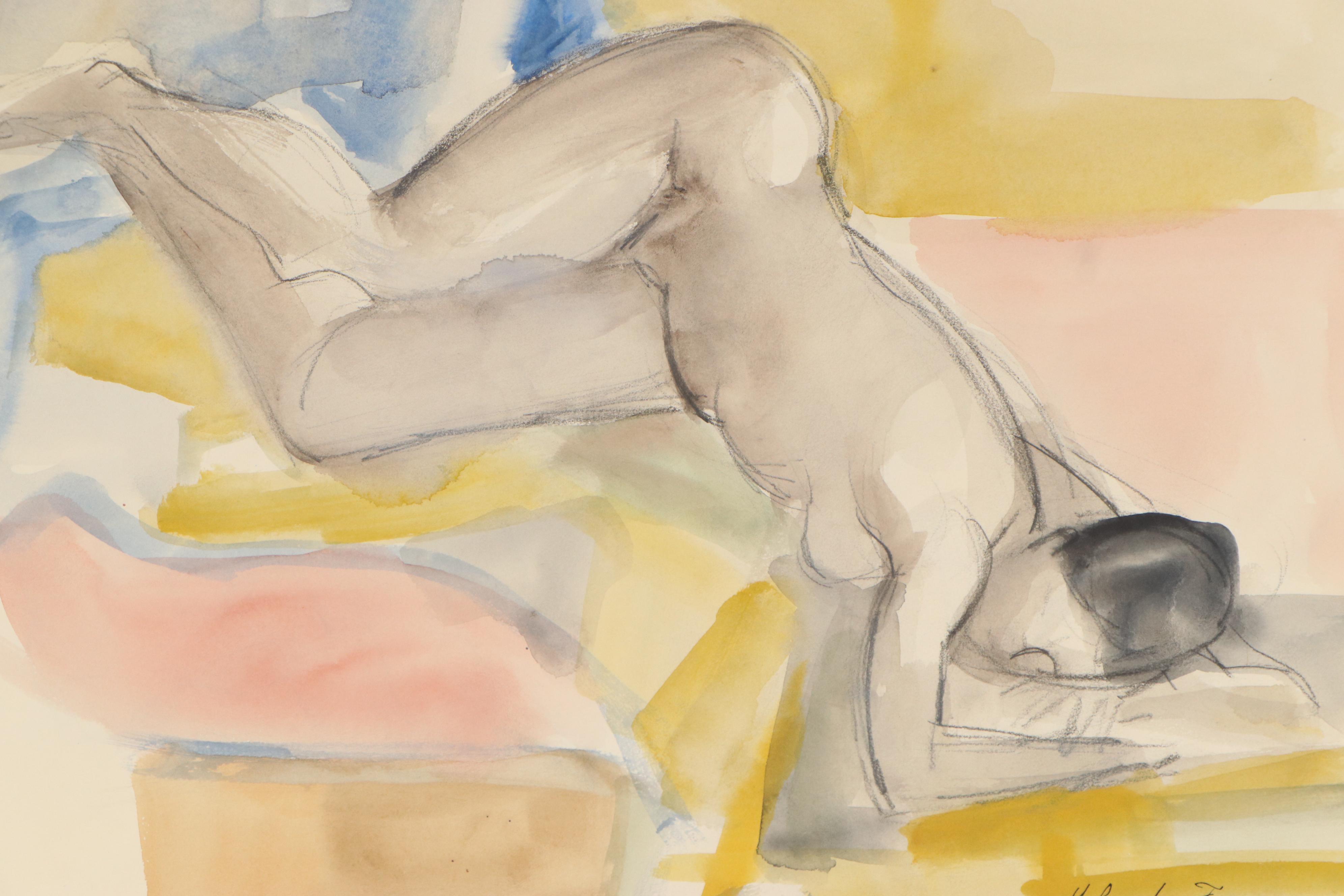 Yolanda Fusco Watercolor Painting Figure Study, Mid to Late 20th Century