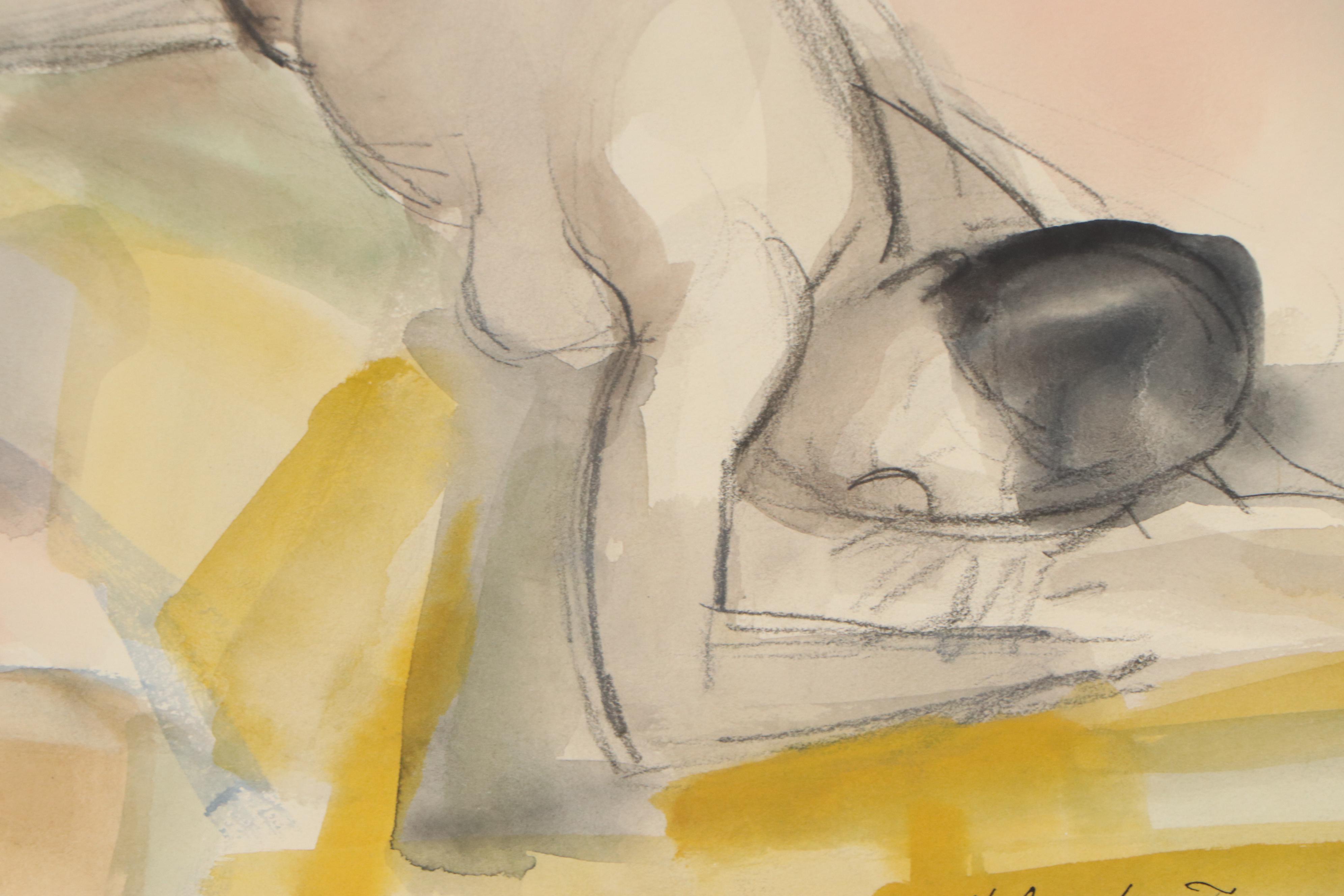 Yolanda Fusco Watercolor Painting Figure Study, Mid to Late 20th Century