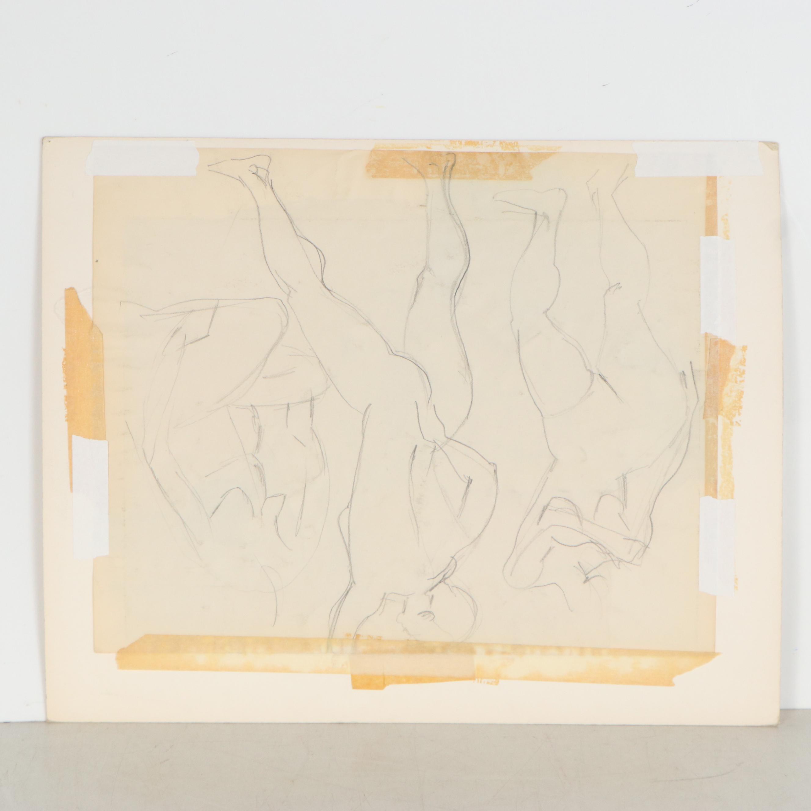 Yolanda Fusco Watercolor Painting Figure Study, Mid to Late 20th Century