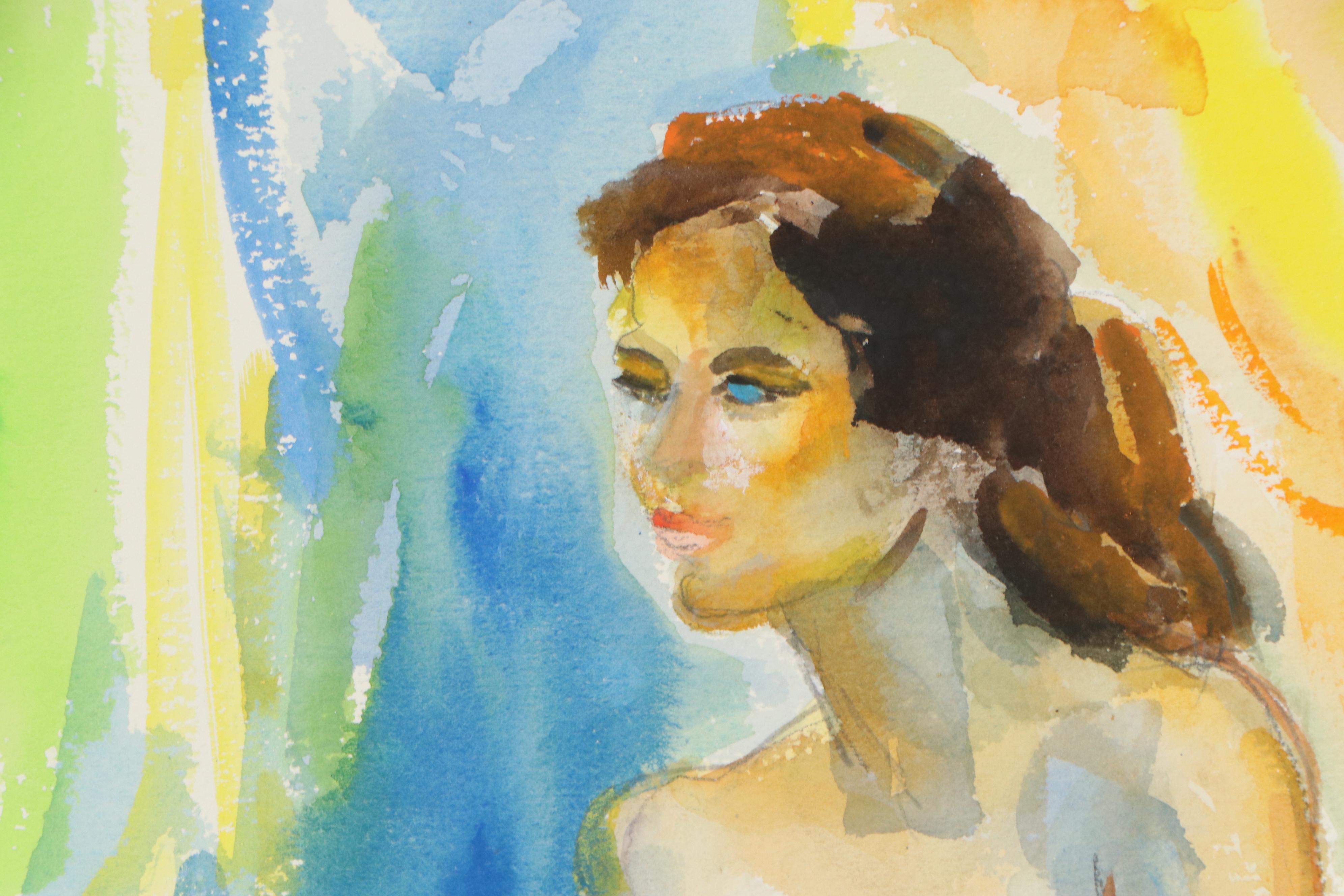 Yolanda Fusco Watercolor Painting Figure Study, Mid to Late 20th Century