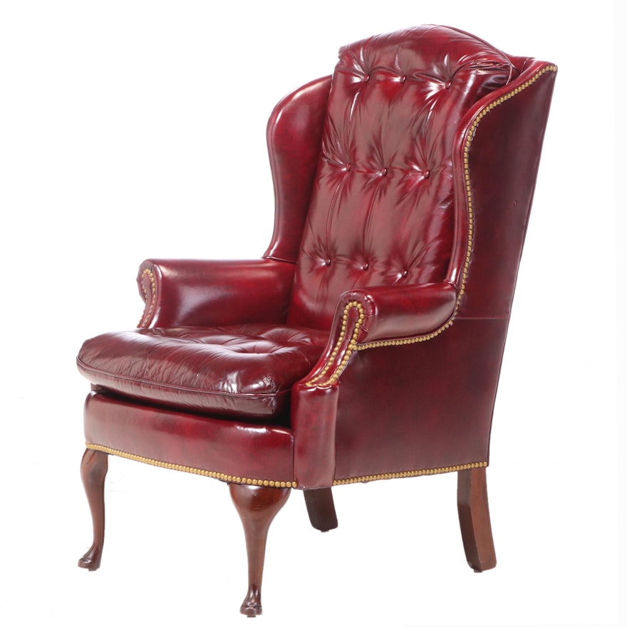 Hancock & Moore Queen Anne Style Mahogany and Burgundy Leather Wingback Armchair