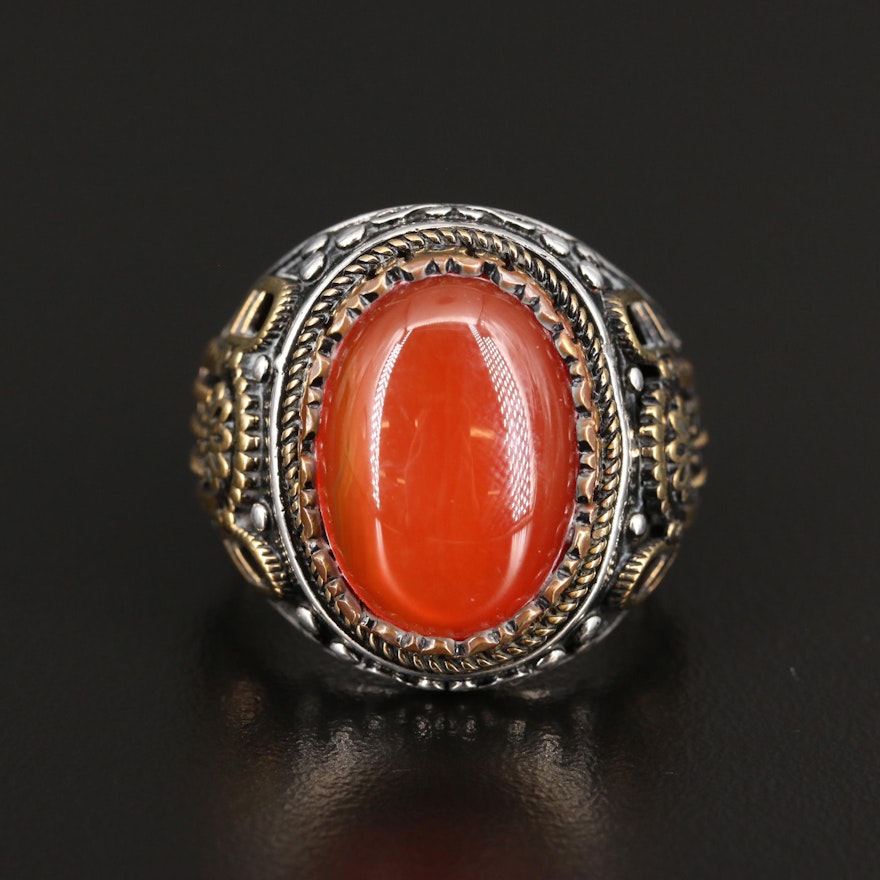 Sterling Silver Carnelian Ring with Gold Accent Details