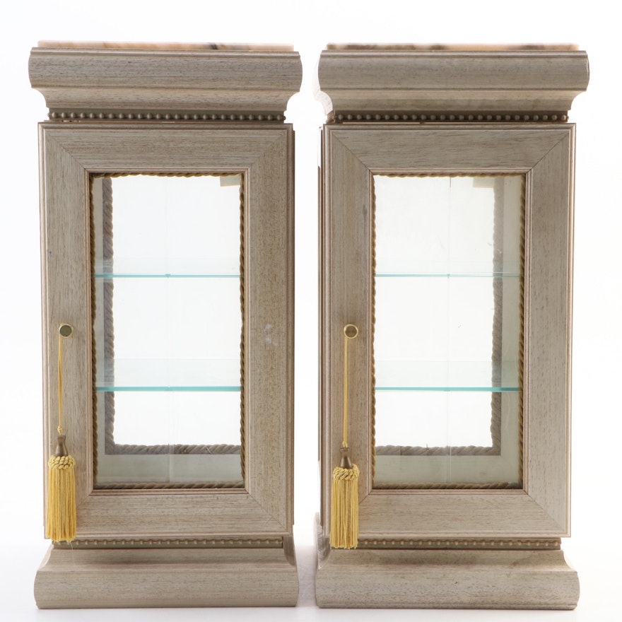 Pair of Horchow Marble-Top Vitrine Display Cabinet Pedestals