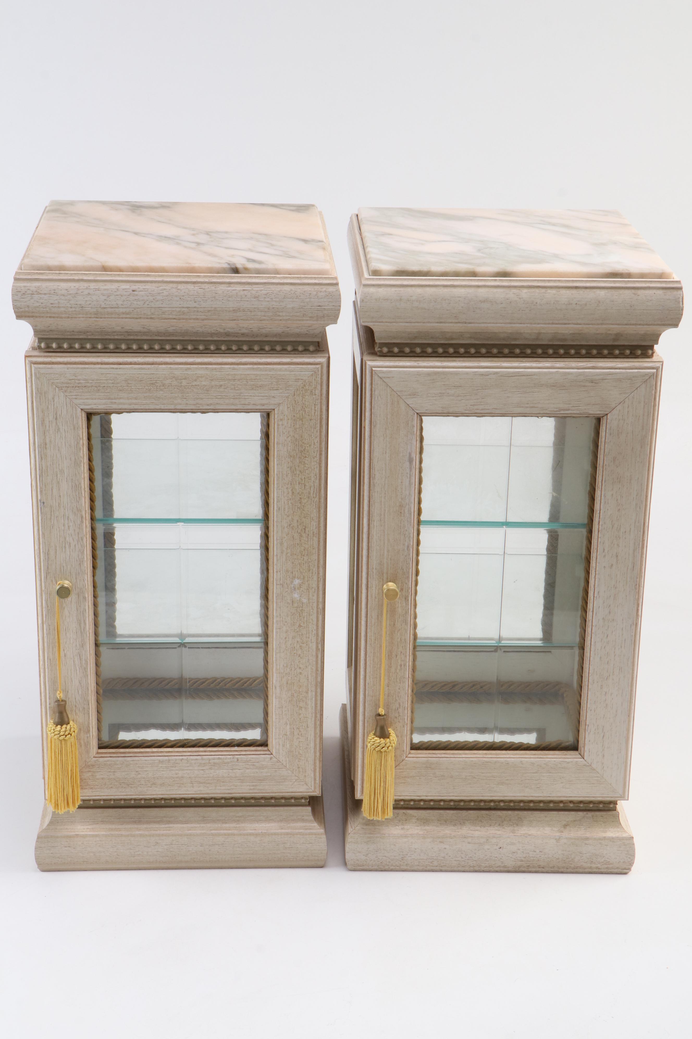Pair of Horchow Marble-Top Vitrine Display Cabinet Pedestals