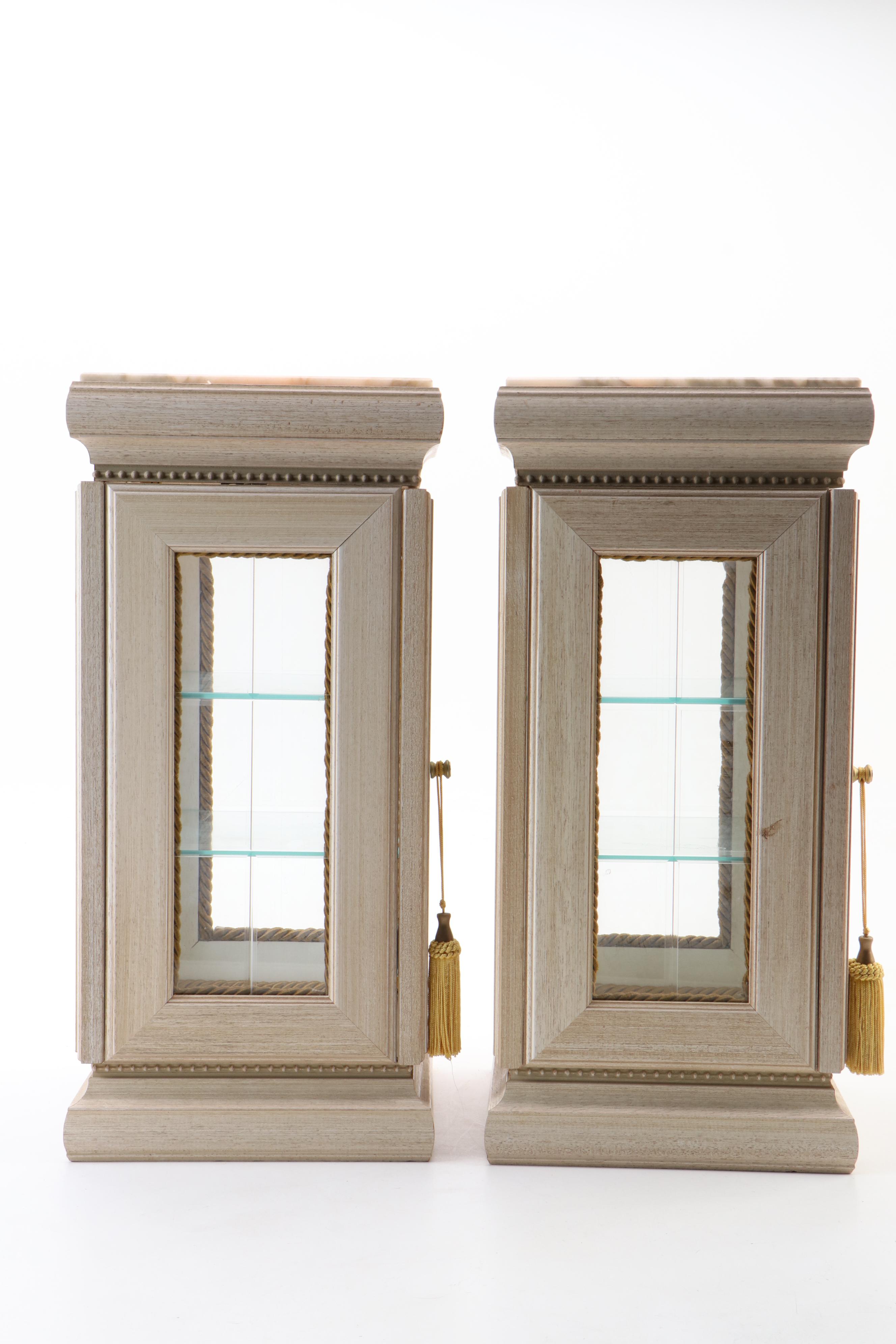 Pair of Horchow Marble-Top Vitrine Display Cabinet Pedestals