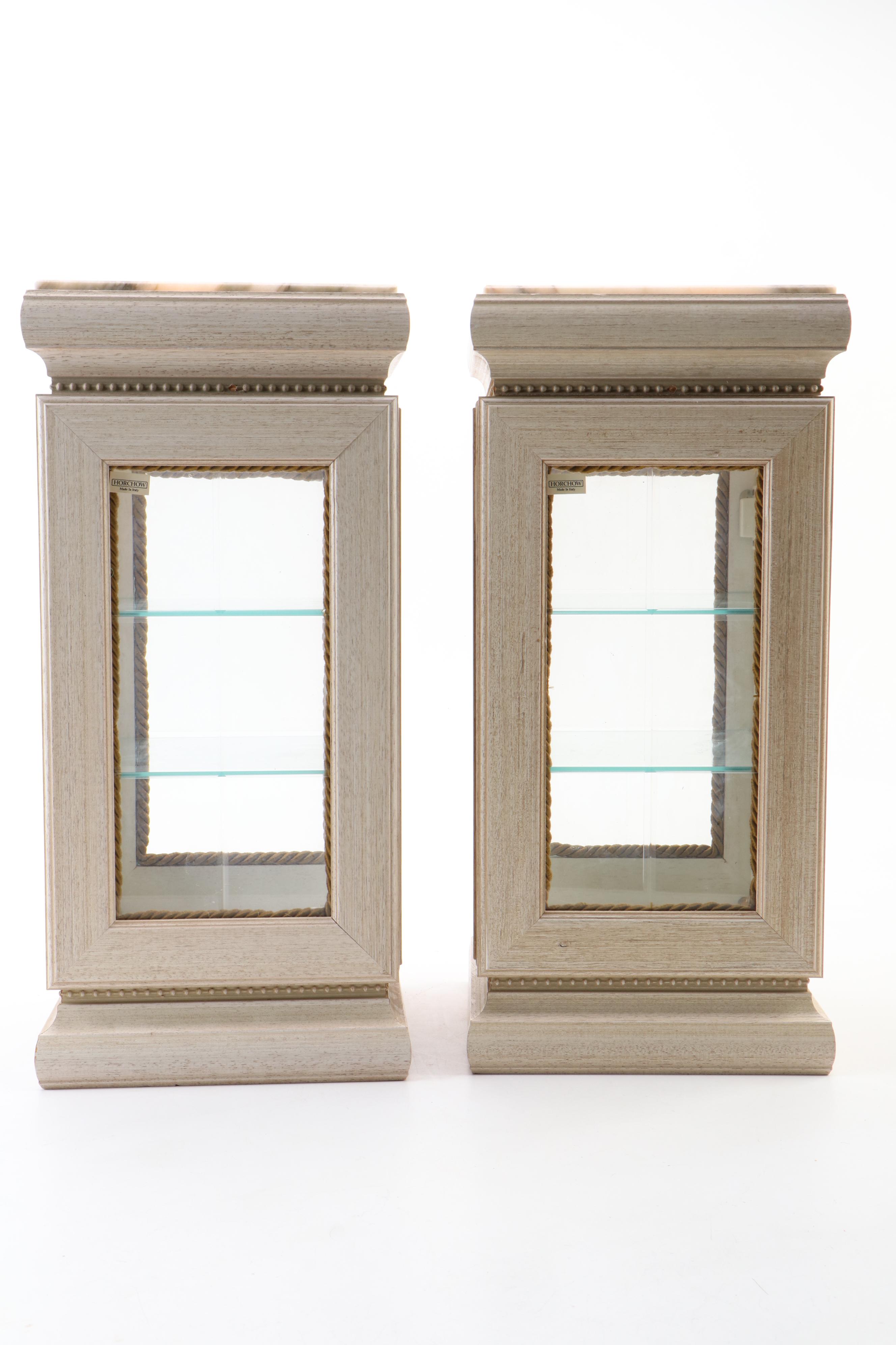 Pair of Horchow Marble-Top Vitrine Display Cabinet Pedestals