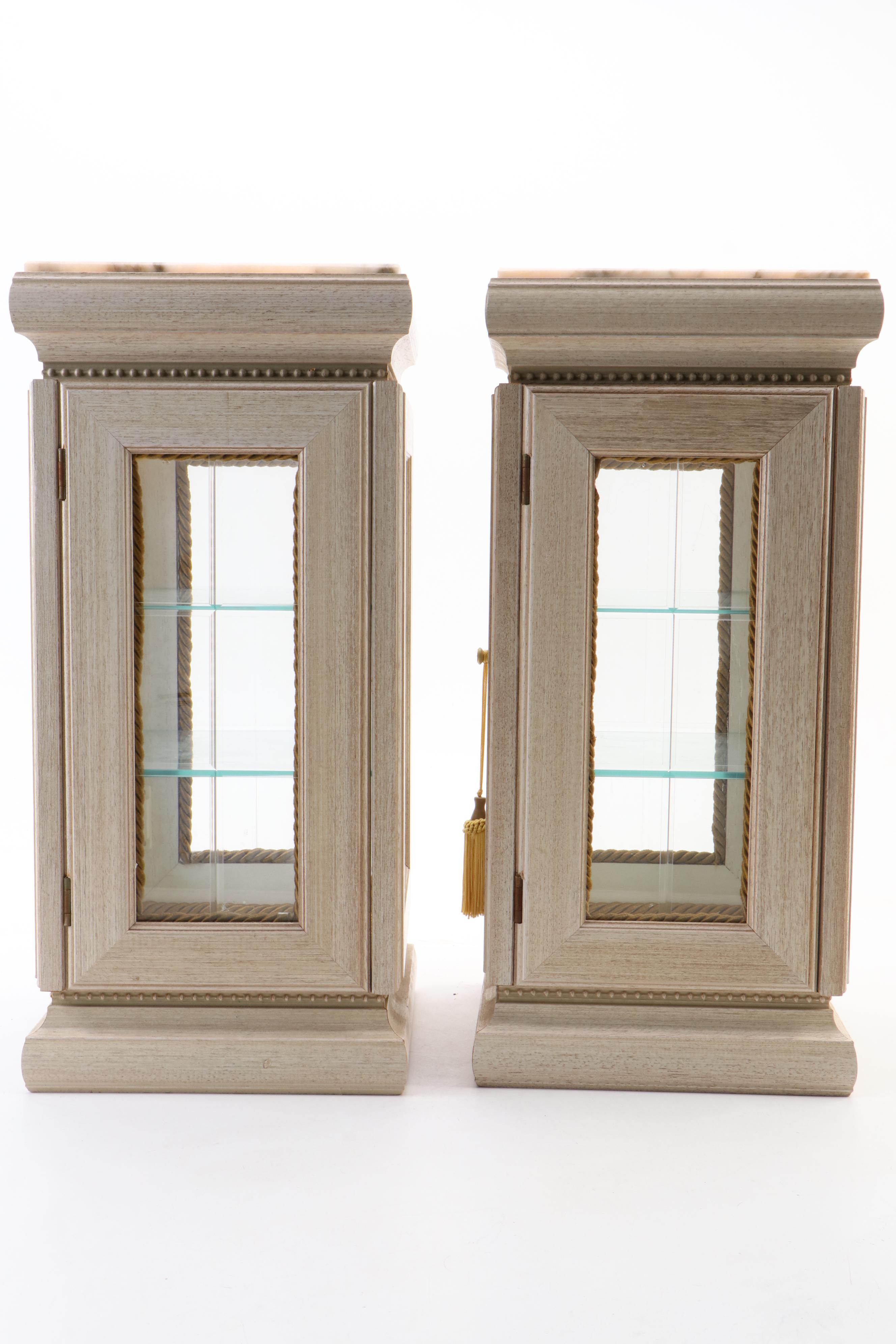 Pair of Horchow Marble-Top Vitrine Display Cabinet Pedestals