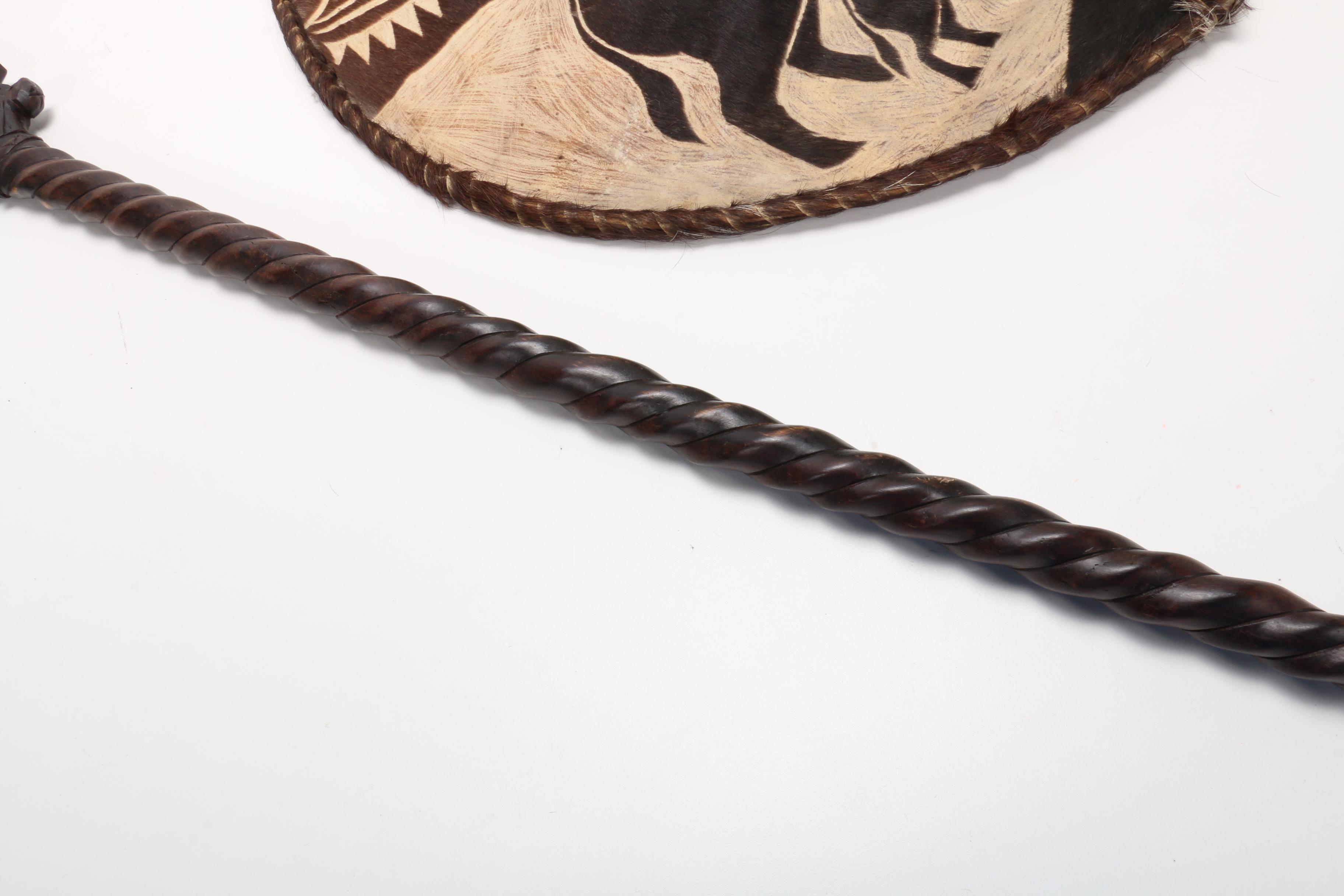 African Animal Hide Decorative Shield and Wooden Staff