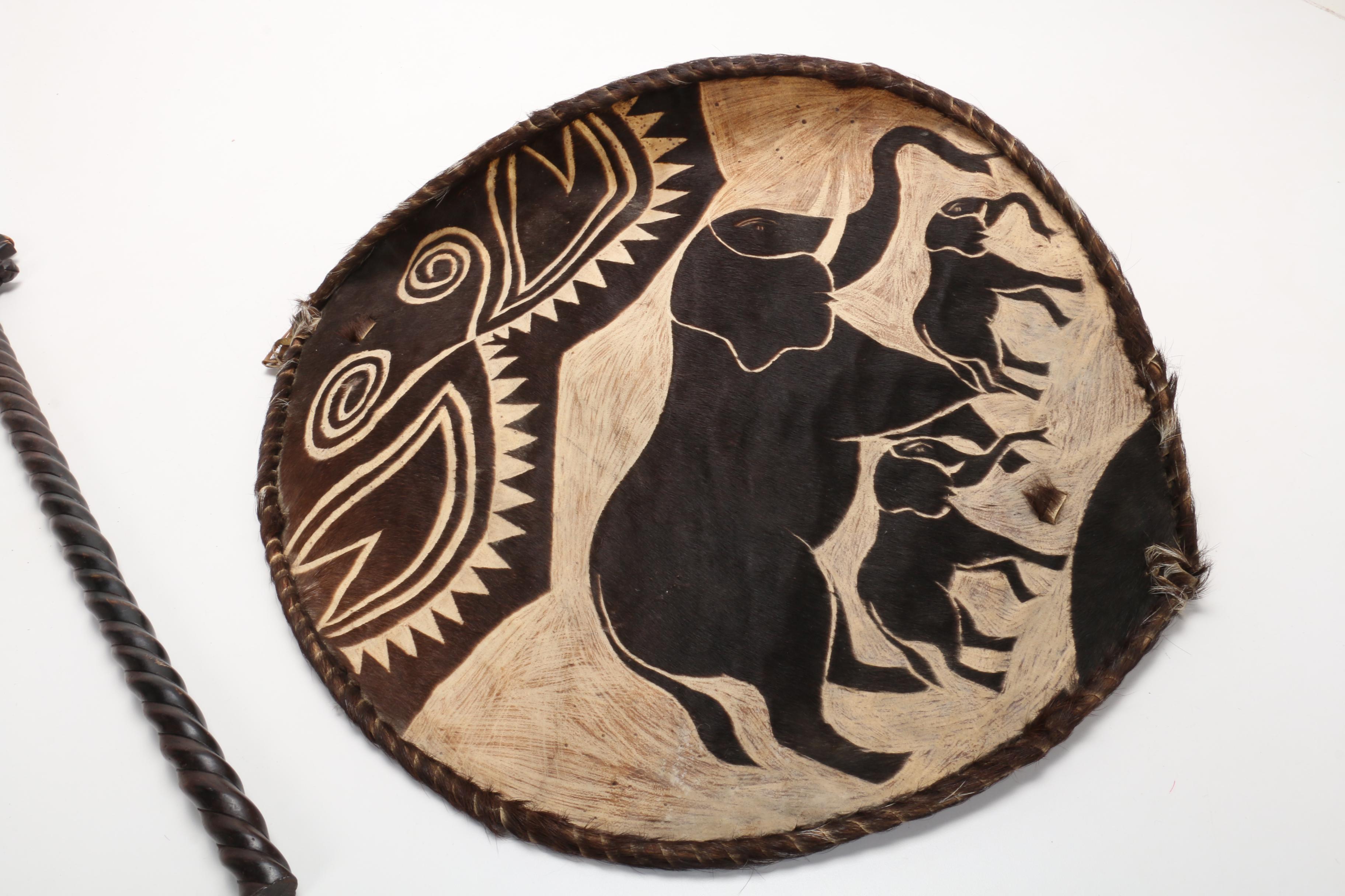 African Animal Hide Decorative Shield and Wooden Staff