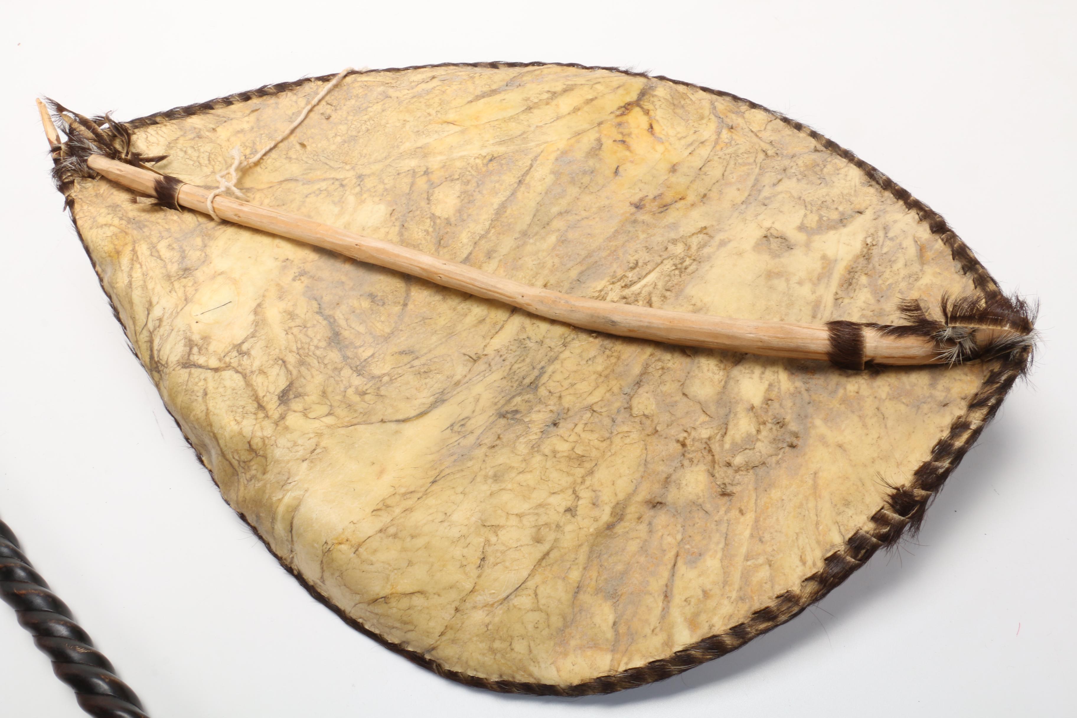 African Animal Hide Decorative Shield and Wooden Staff
