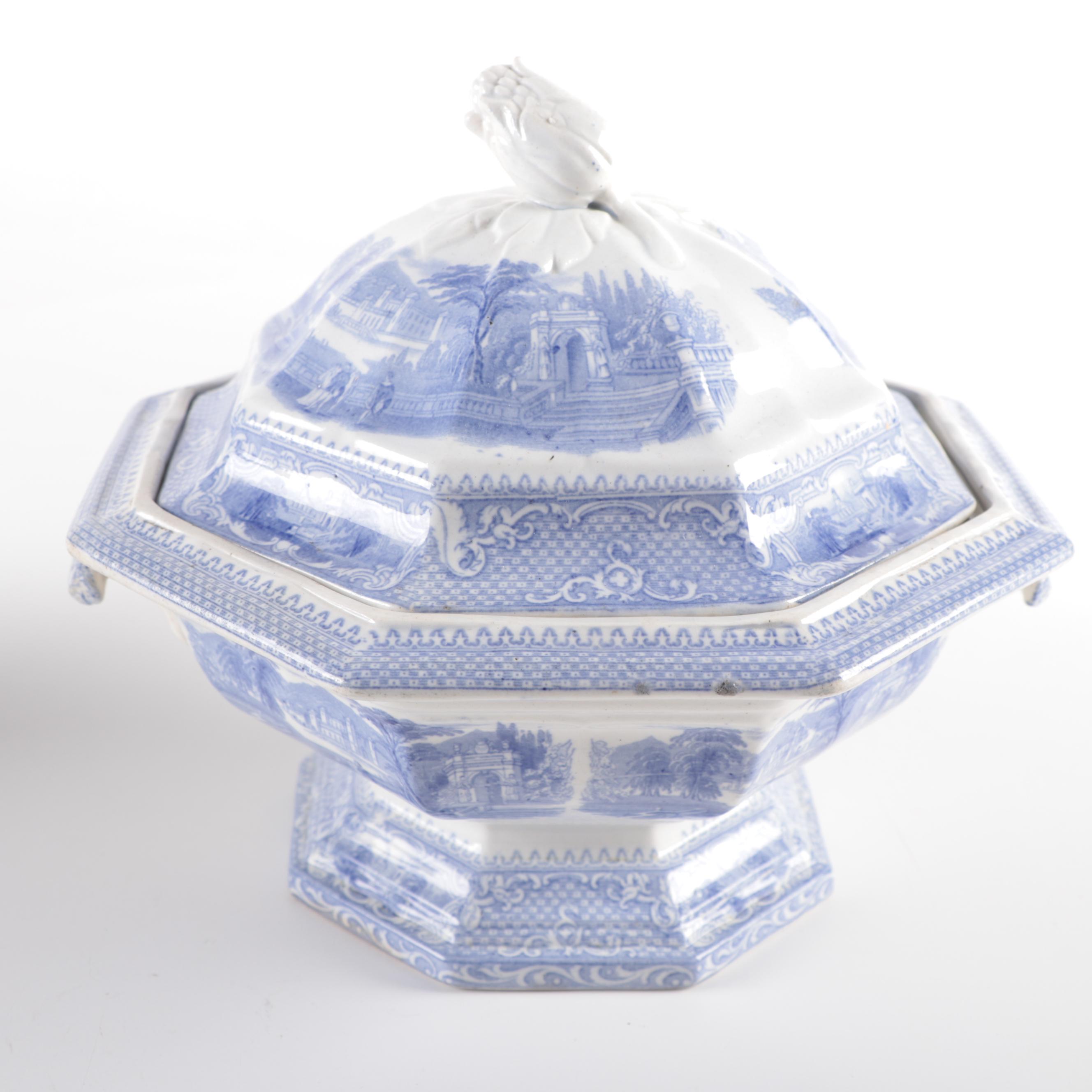 English "Doria" Tureen and Other Blue and White Ironstone Transferware, 19th C.
