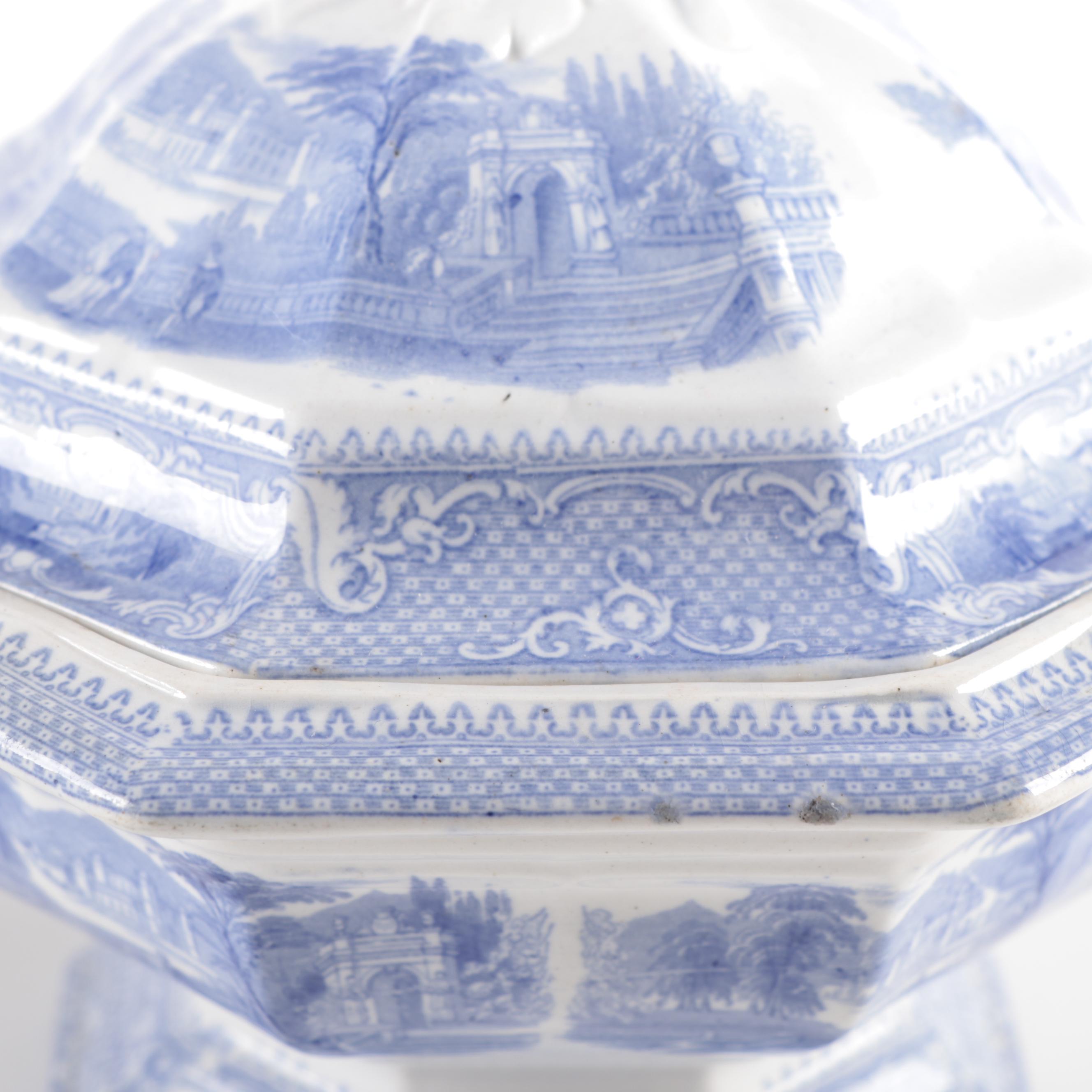 English "Doria" Tureen and Other Blue and White Ironstone Transferware, 19th C.