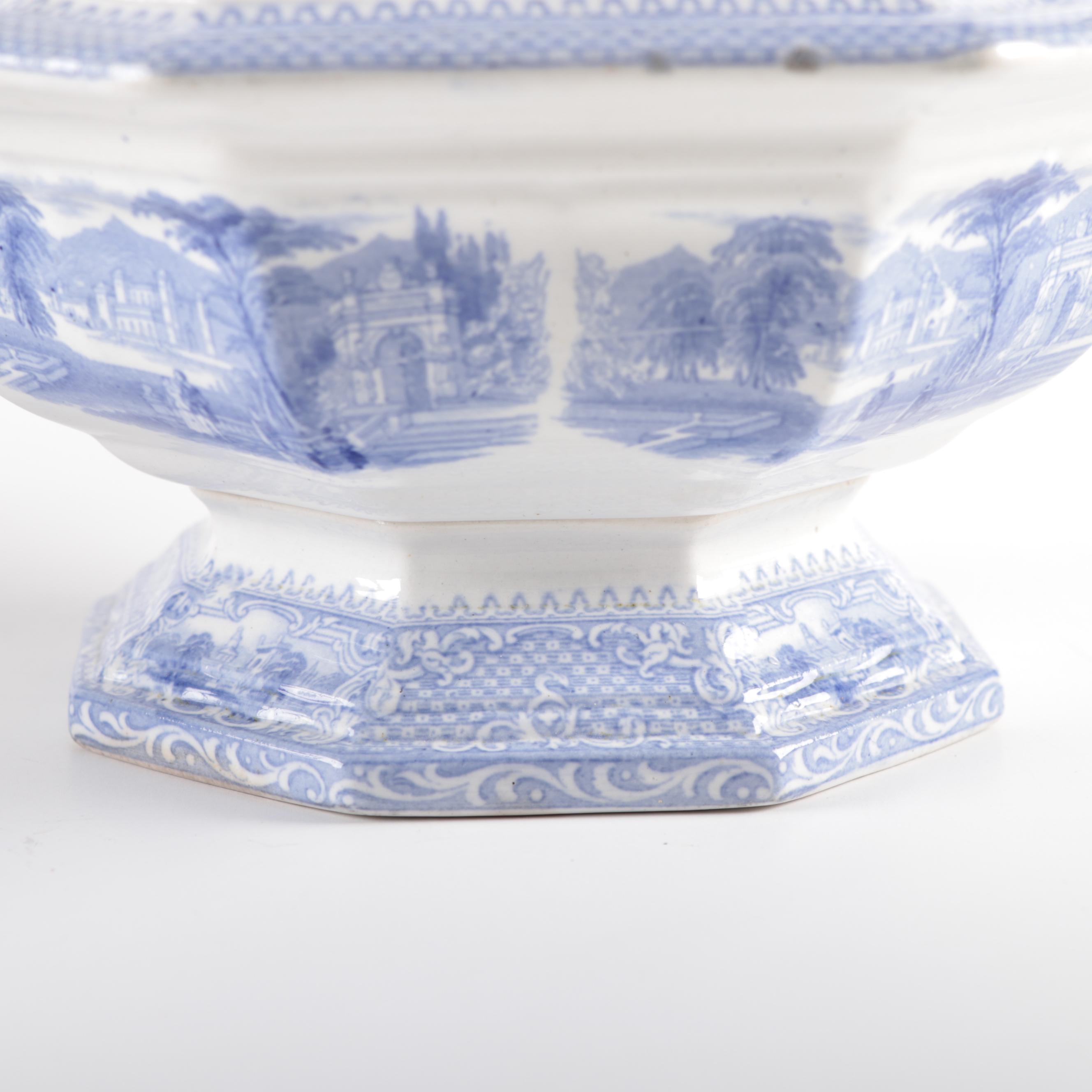 English "Doria" Tureen and Other Blue and White Ironstone Transferware, 19th C.