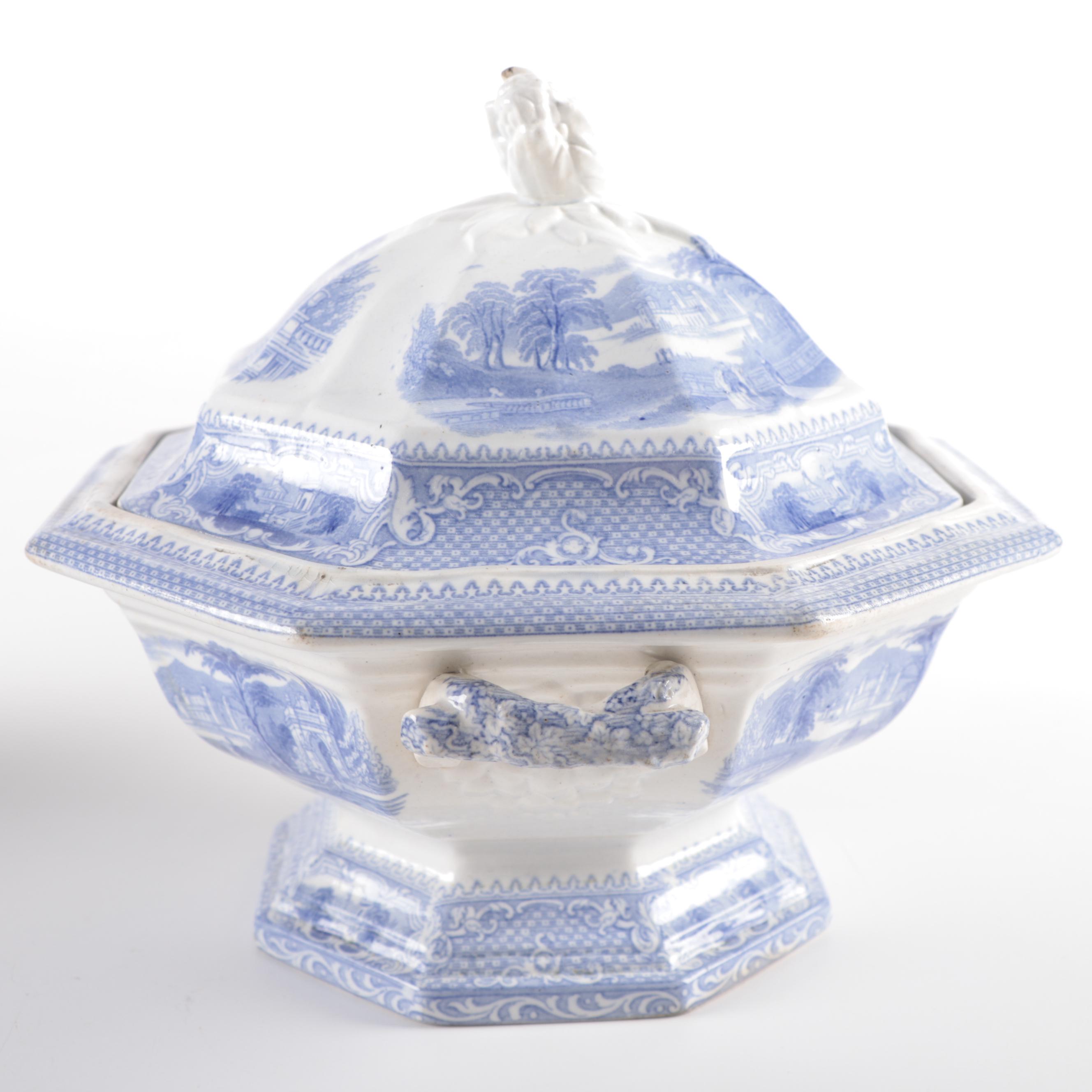English "Doria" Tureen and Other Blue and White Ironstone Transferware, 19th C.
