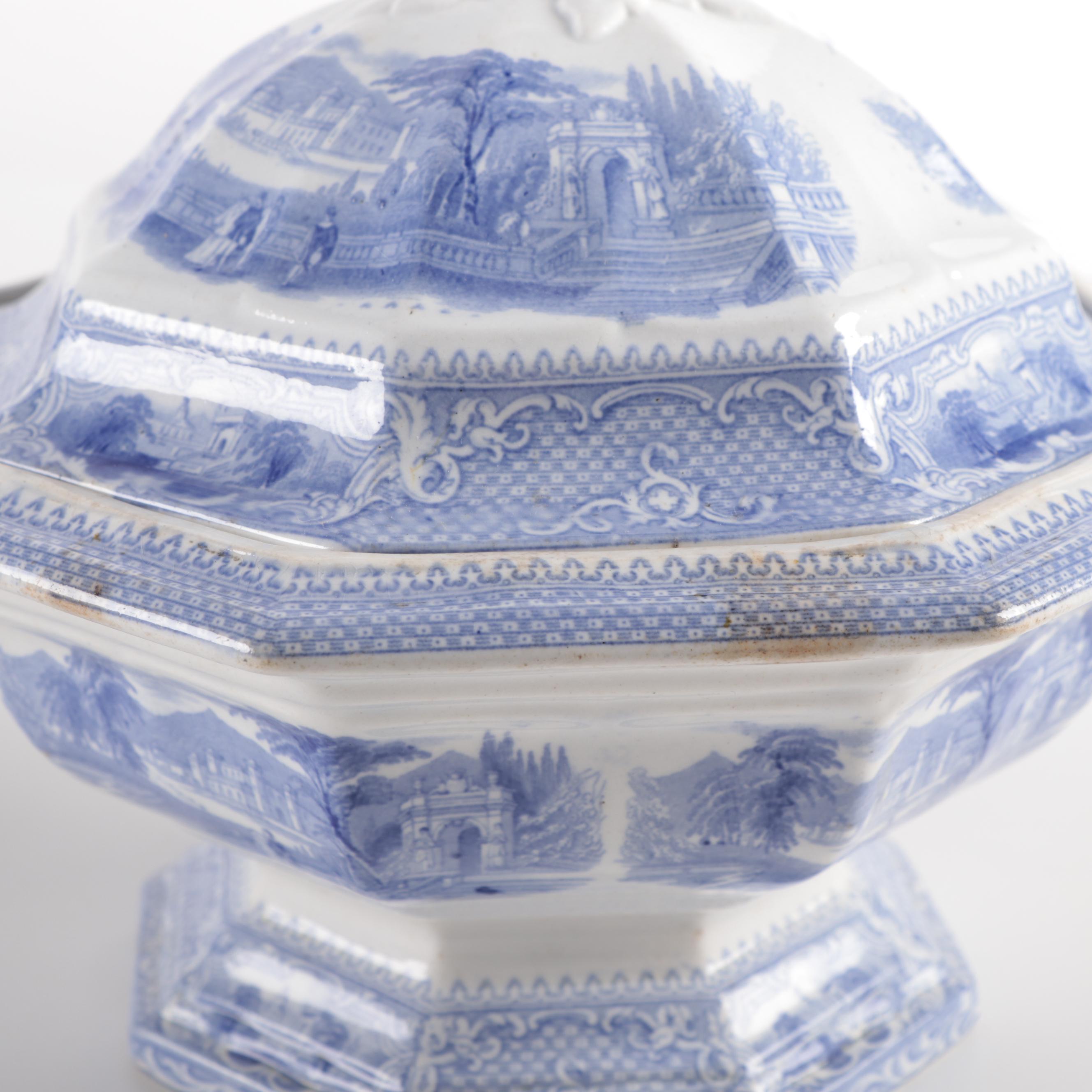 English "Doria" Tureen and Other Blue and White Ironstone Transferware, 19th C.