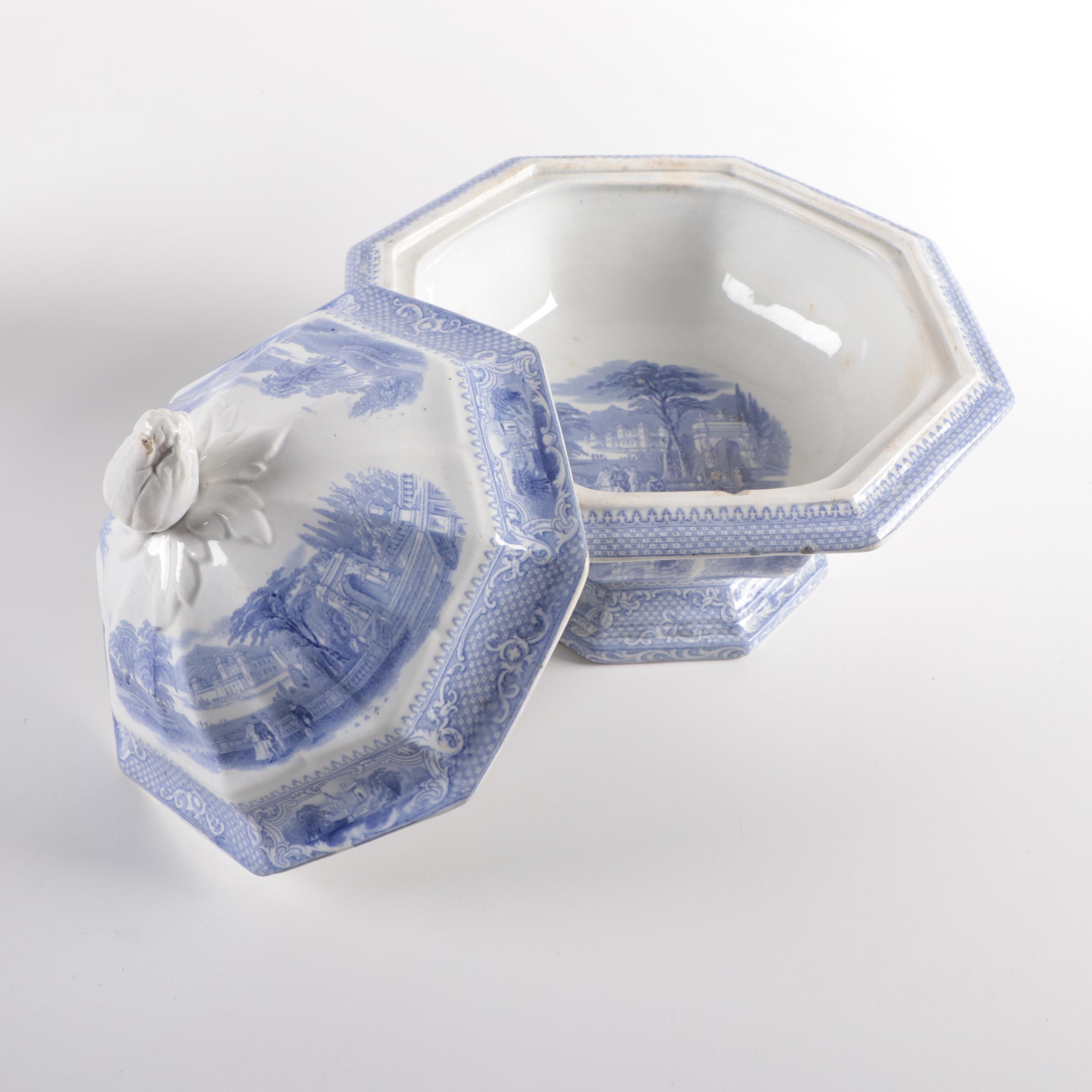 English "Doria" Tureen and Other Blue and White Ironstone Transferware, 19th C.