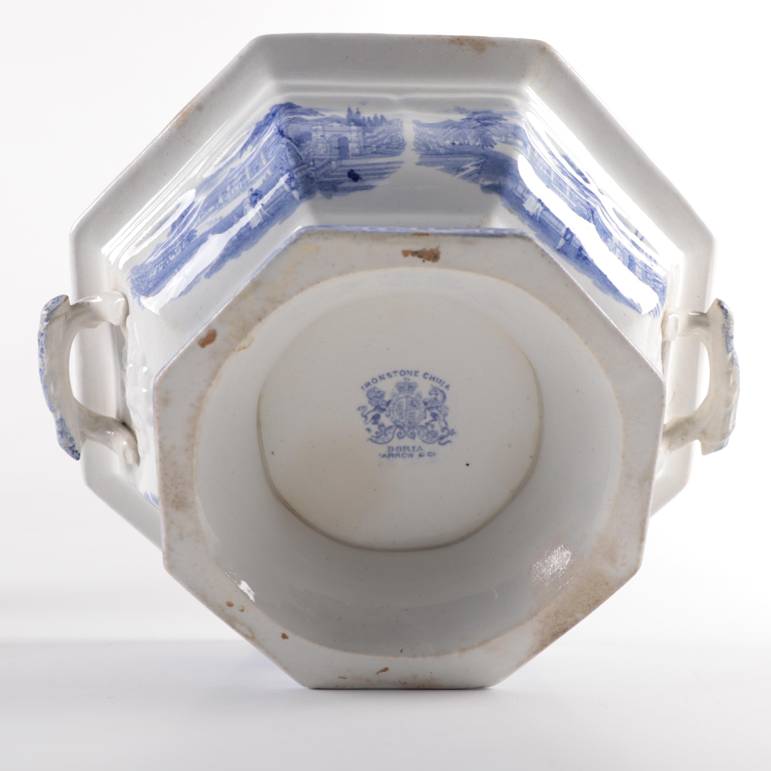 English "Doria" Tureen and Other Blue and White Ironstone Transferware, 19th C.