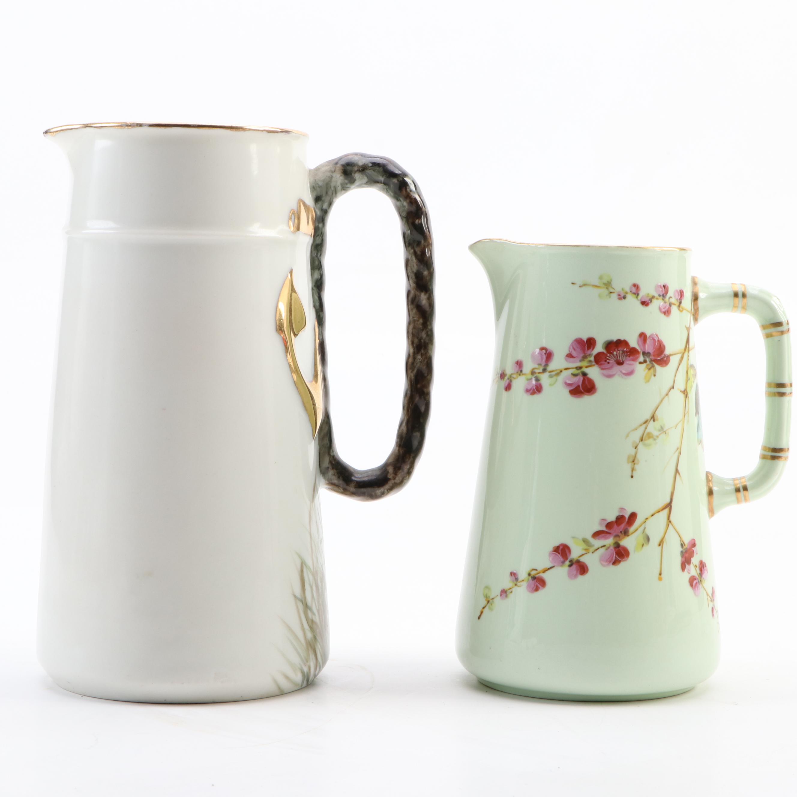 Hand-Painted Jugs Including One English Made Haviland Limoges Decorated