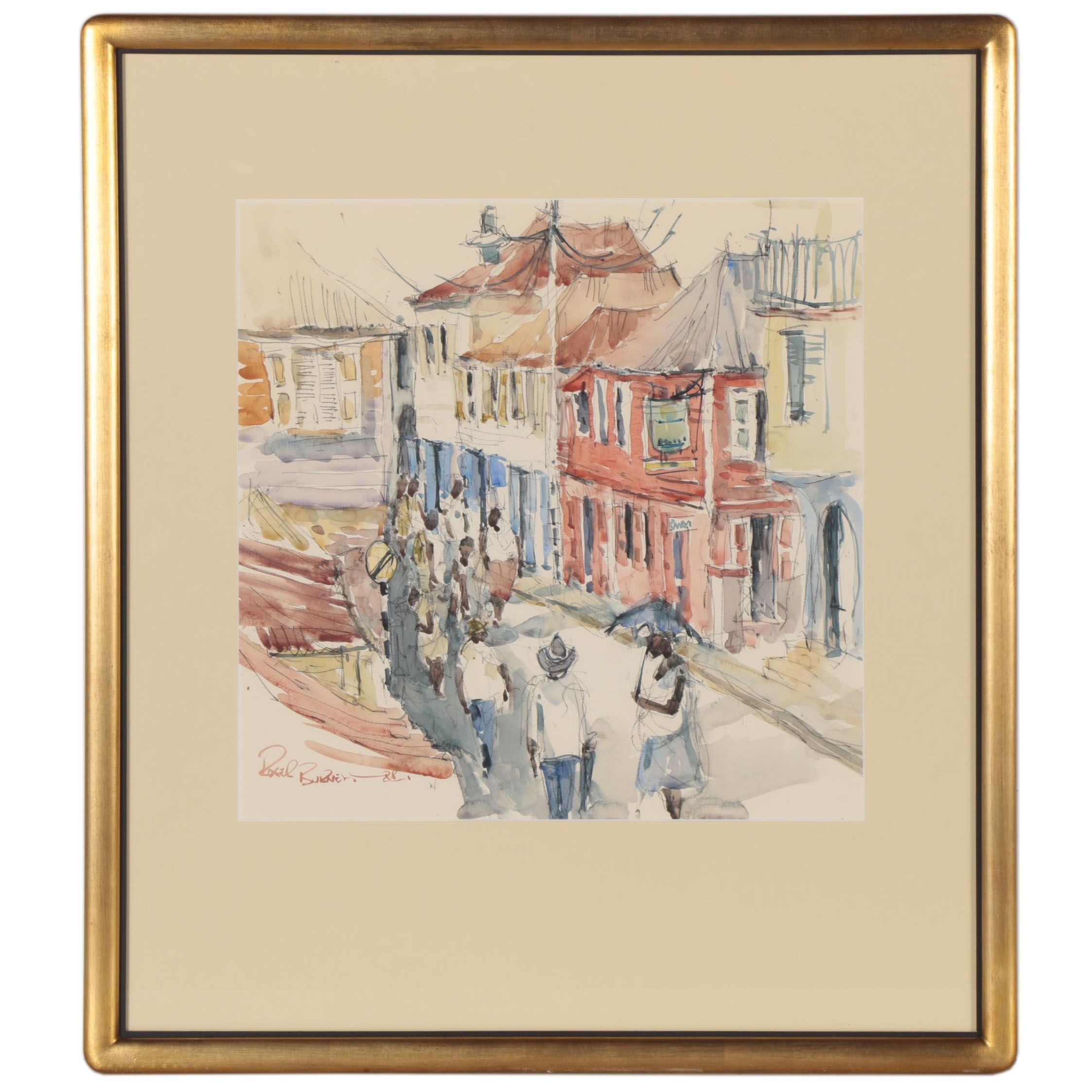 Roger Burnett Street Scene Watercolor Painting, 1988