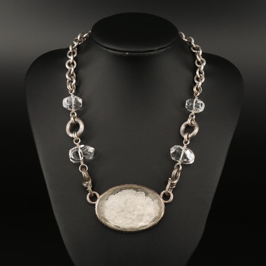 Stephen Dweck Sterling Rock Quartz Crystal Floral Pendant Necklace