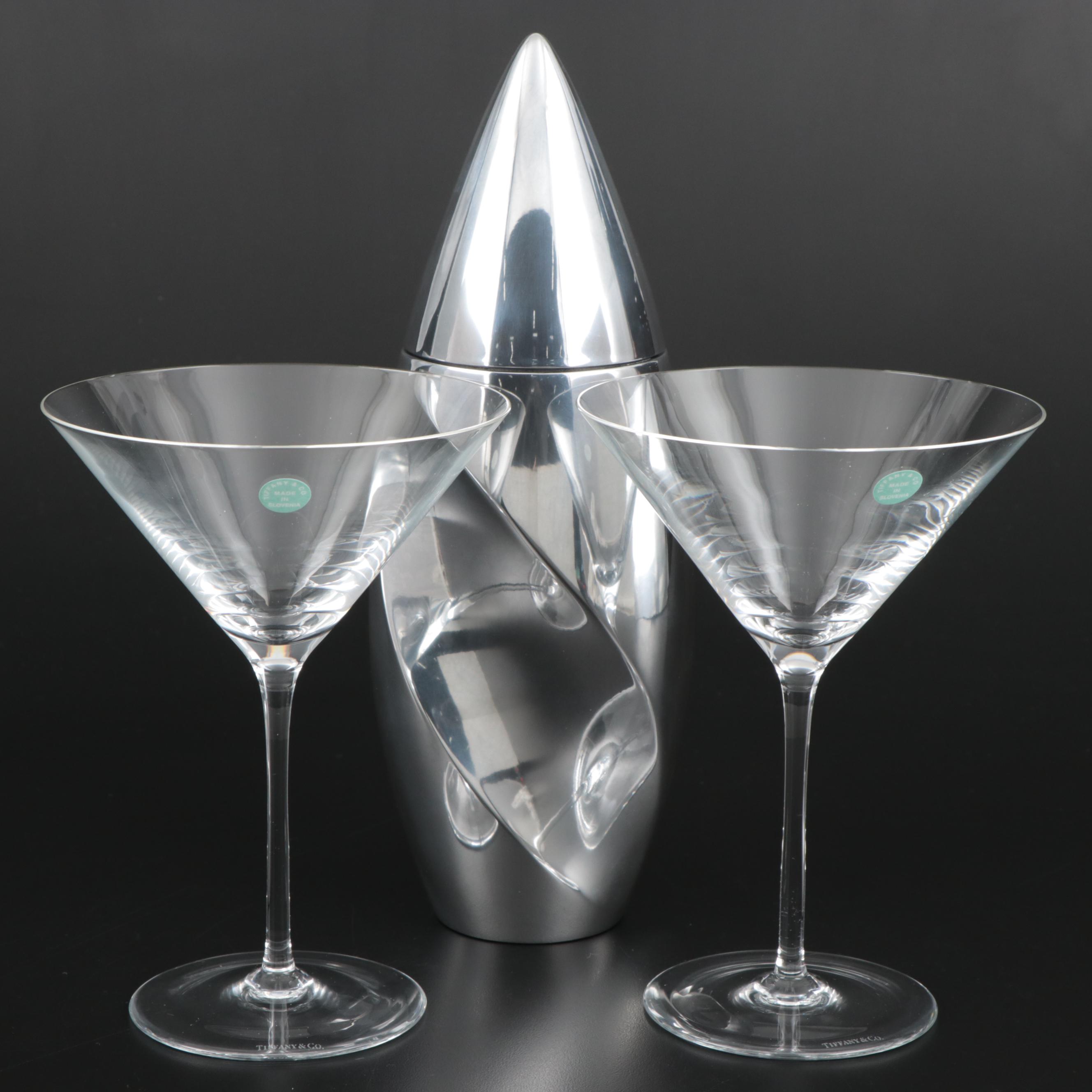 Tiffany & Co. Martini Glasses with Fred Bould for Nambé Twist Cocktail Shaker