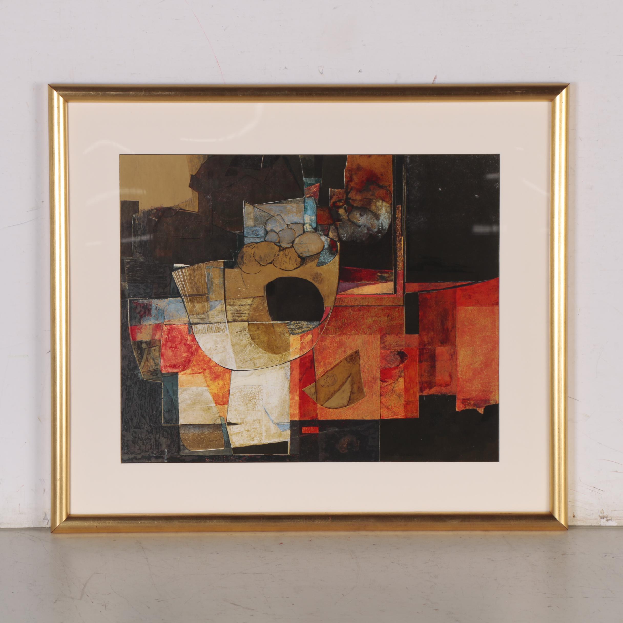 Embellished Abstract Offset Lithograph after Isa Van Der Zee "Abstract in Red"