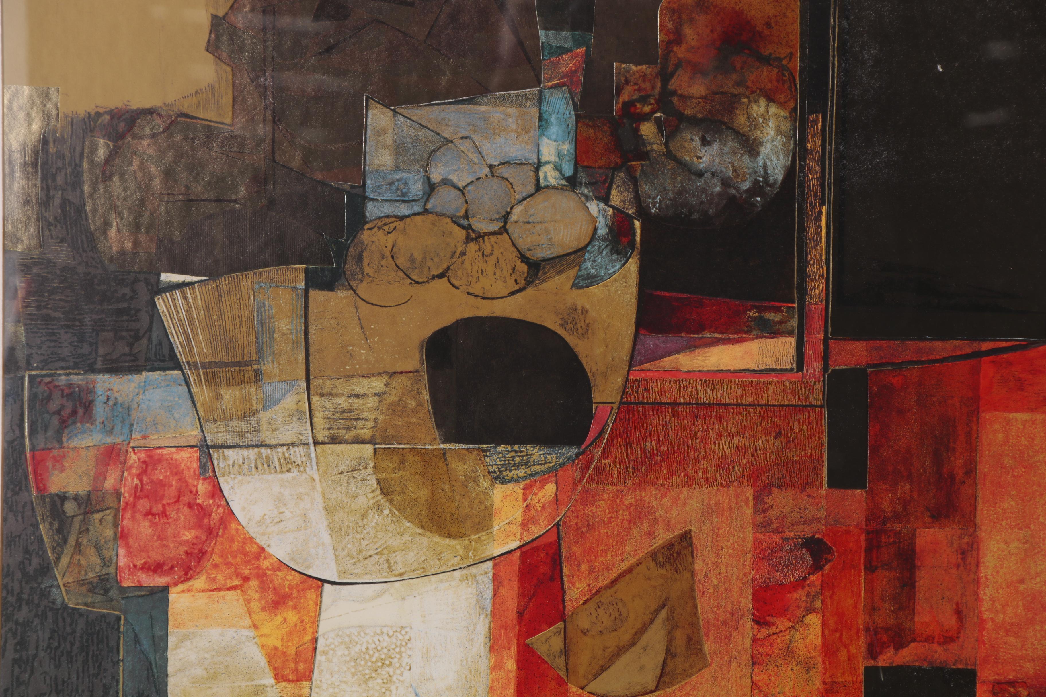 Embellished Abstract Offset Lithograph after Isa Van Der Zee "Abstract in Red"