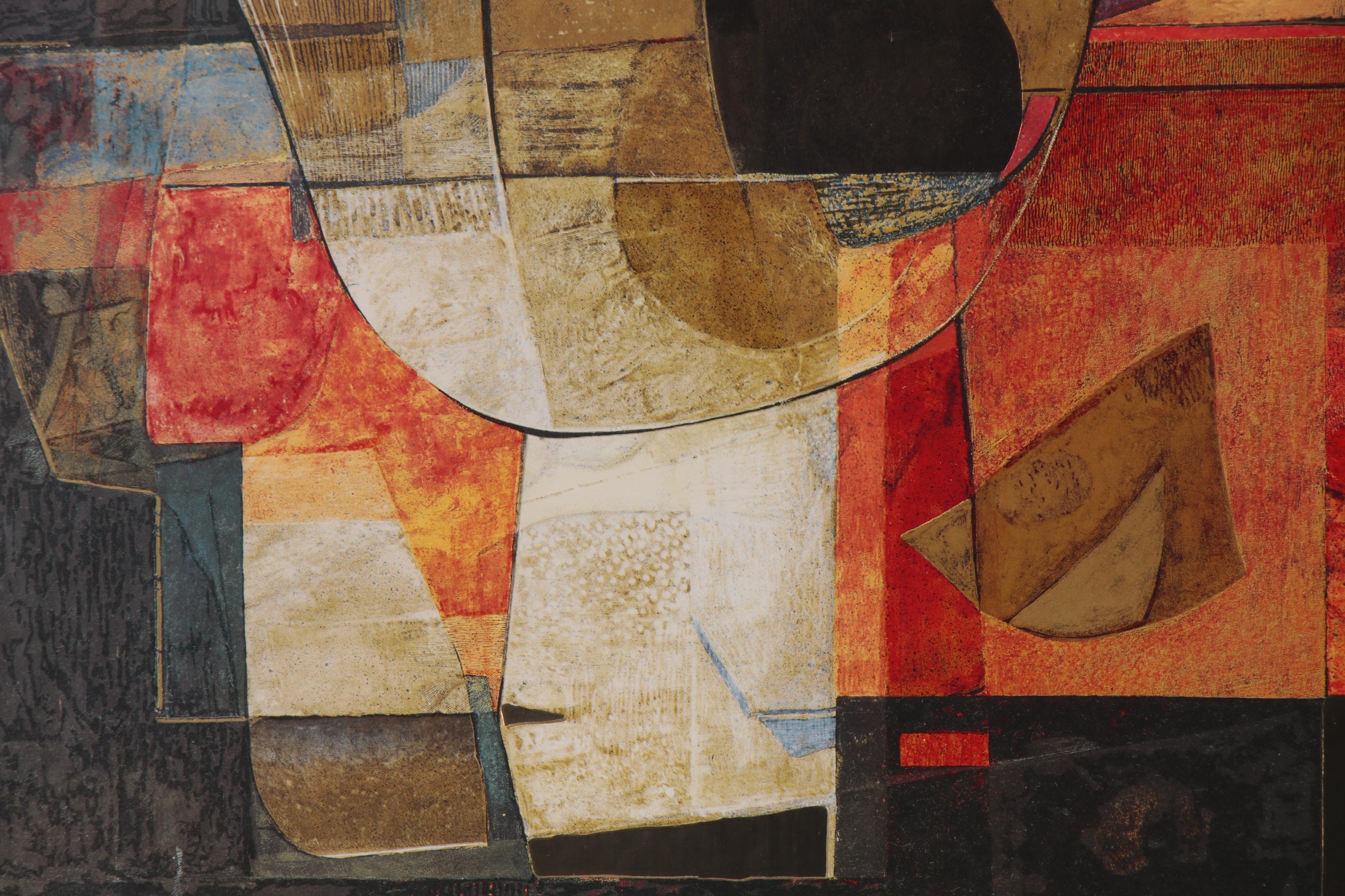 Embellished Abstract Offset Lithograph after Isa Van Der Zee "Abstract in Red"