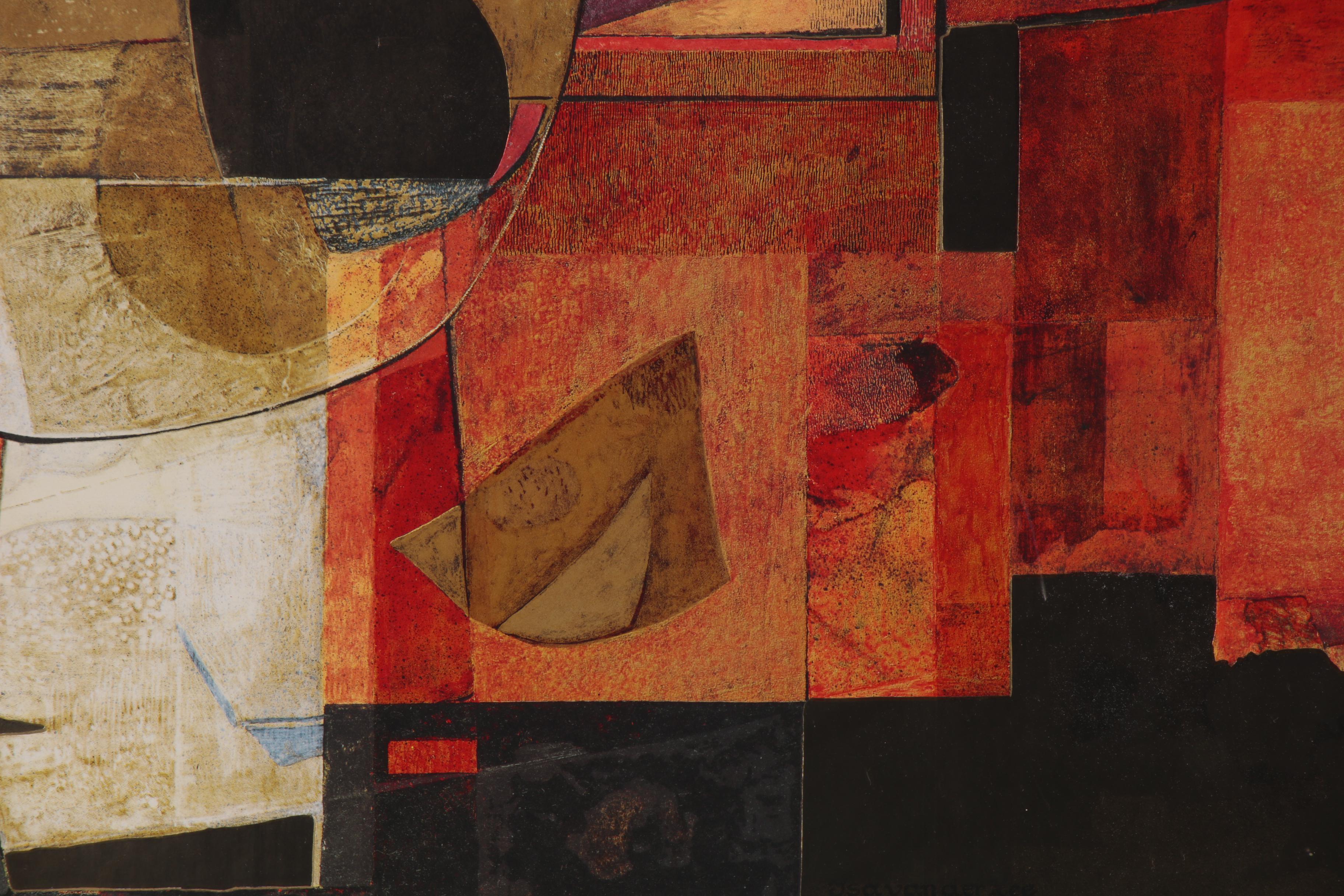 Embellished Abstract Offset Lithograph after Isa Van Der Zee "Abstract in Red"