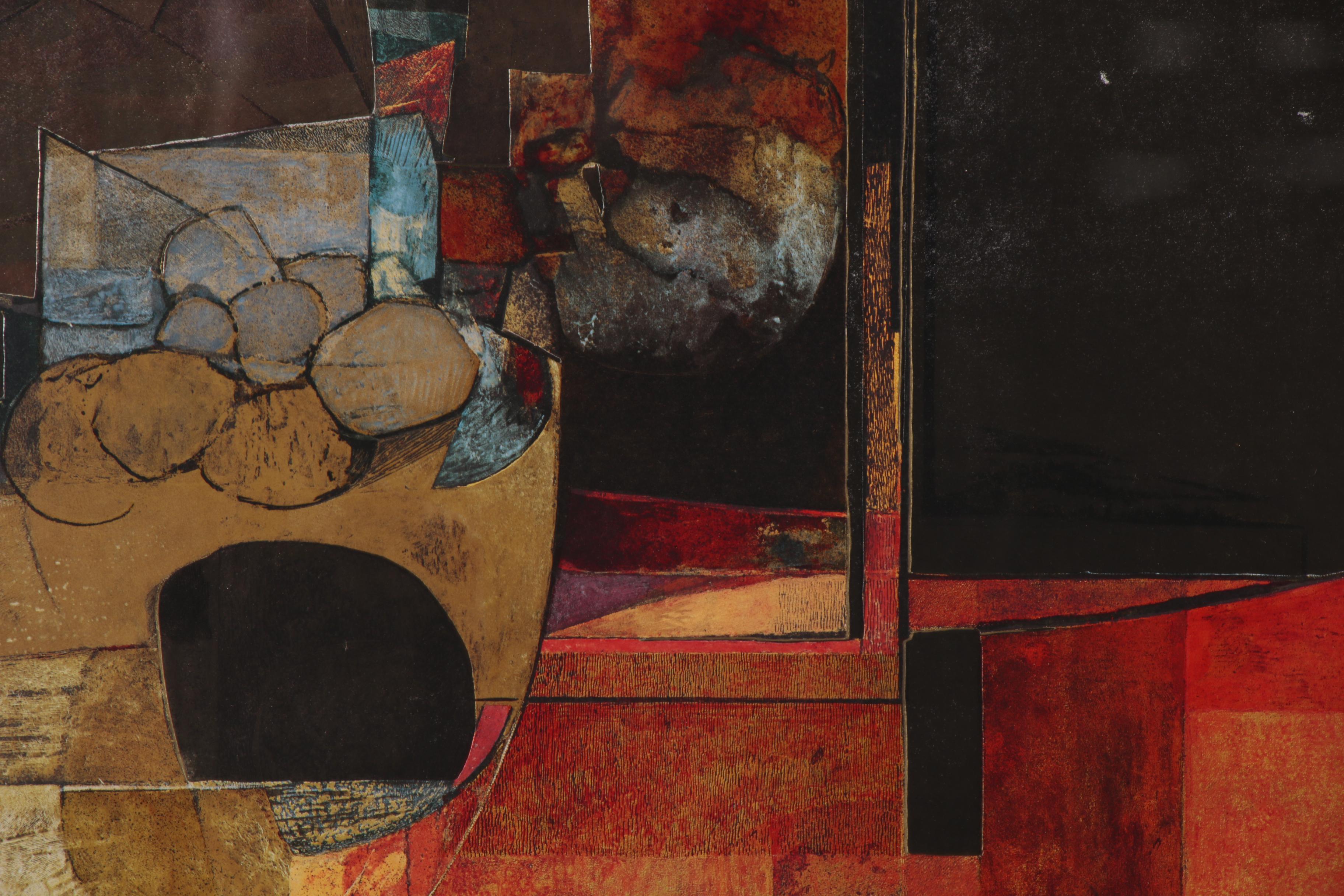 Embellished Abstract Offset Lithograph after Isa Van Der Zee "Abstract in Red"