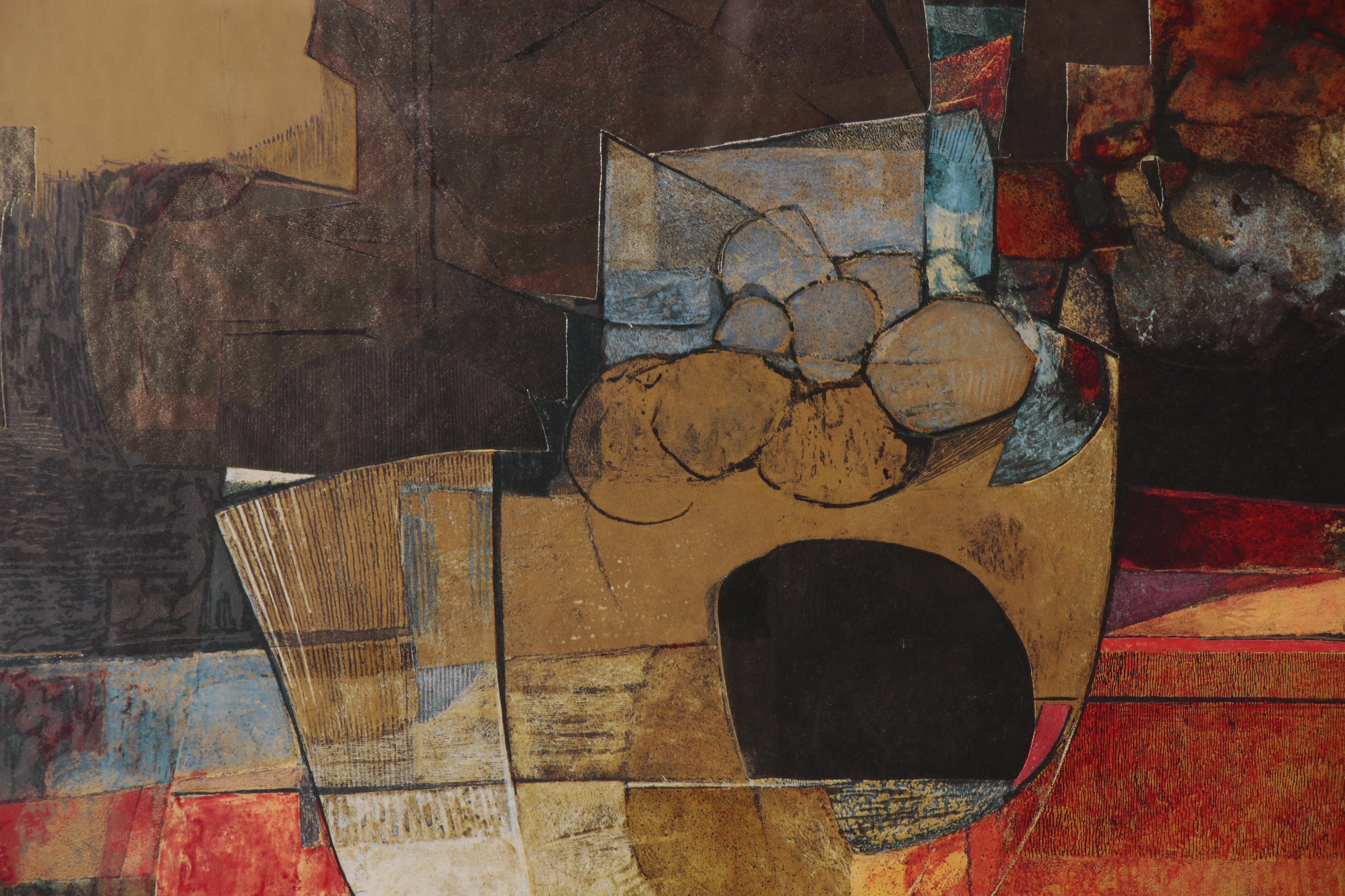 Embellished Abstract Offset Lithograph after Isa Van Der Zee "Abstract in Red"