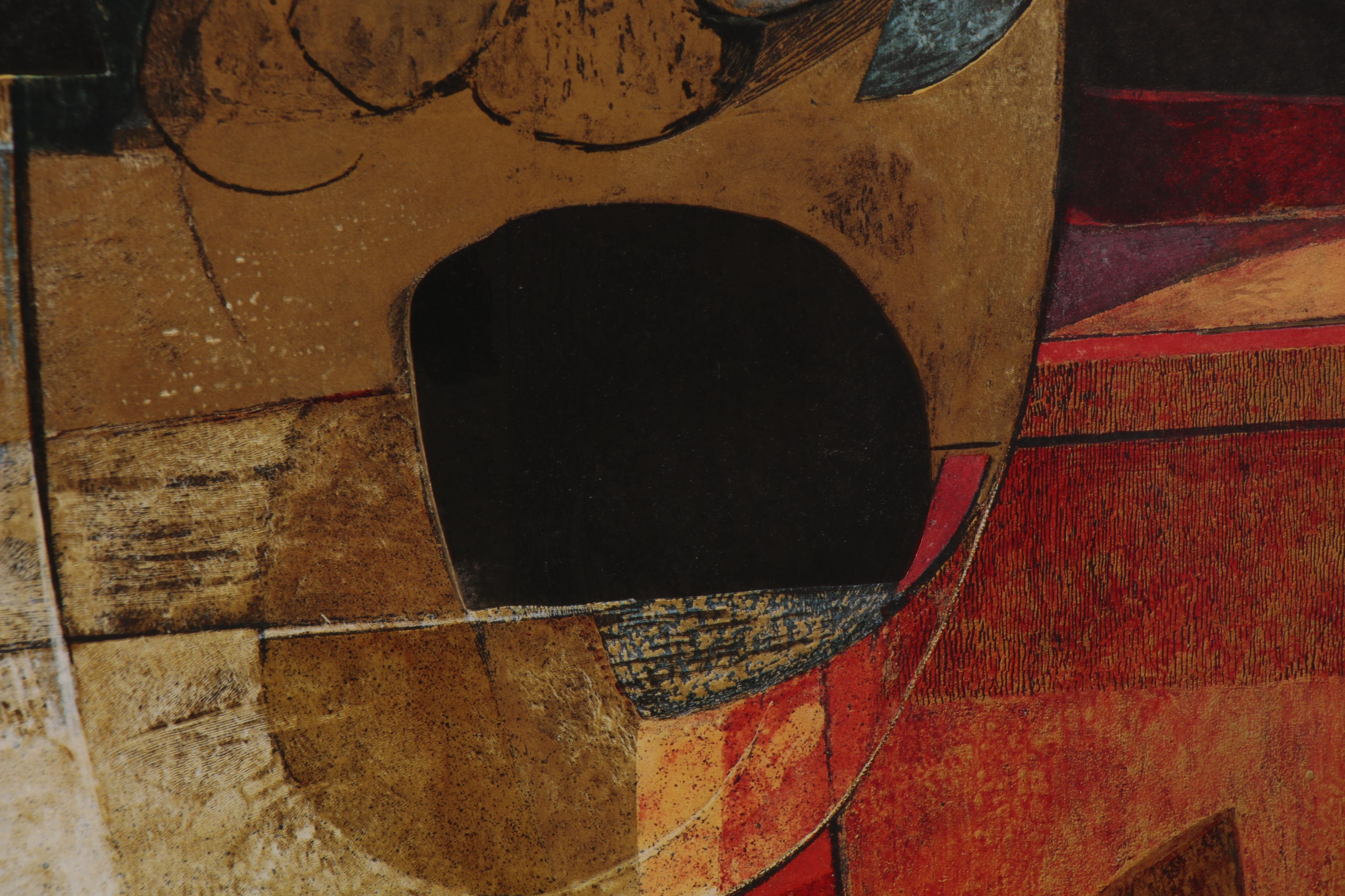 Embellished Abstract Offset Lithograph after Isa Van Der Zee "Abstract in Red"