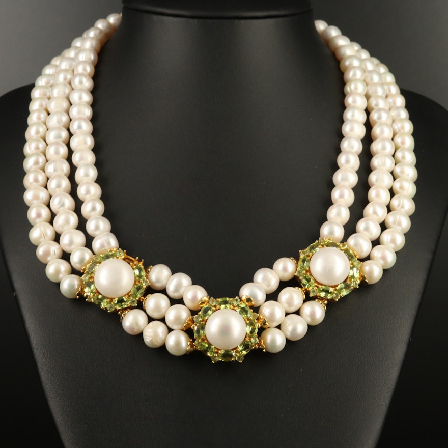 Sterling Pearl and Peridot Stationed Festoon Necklace