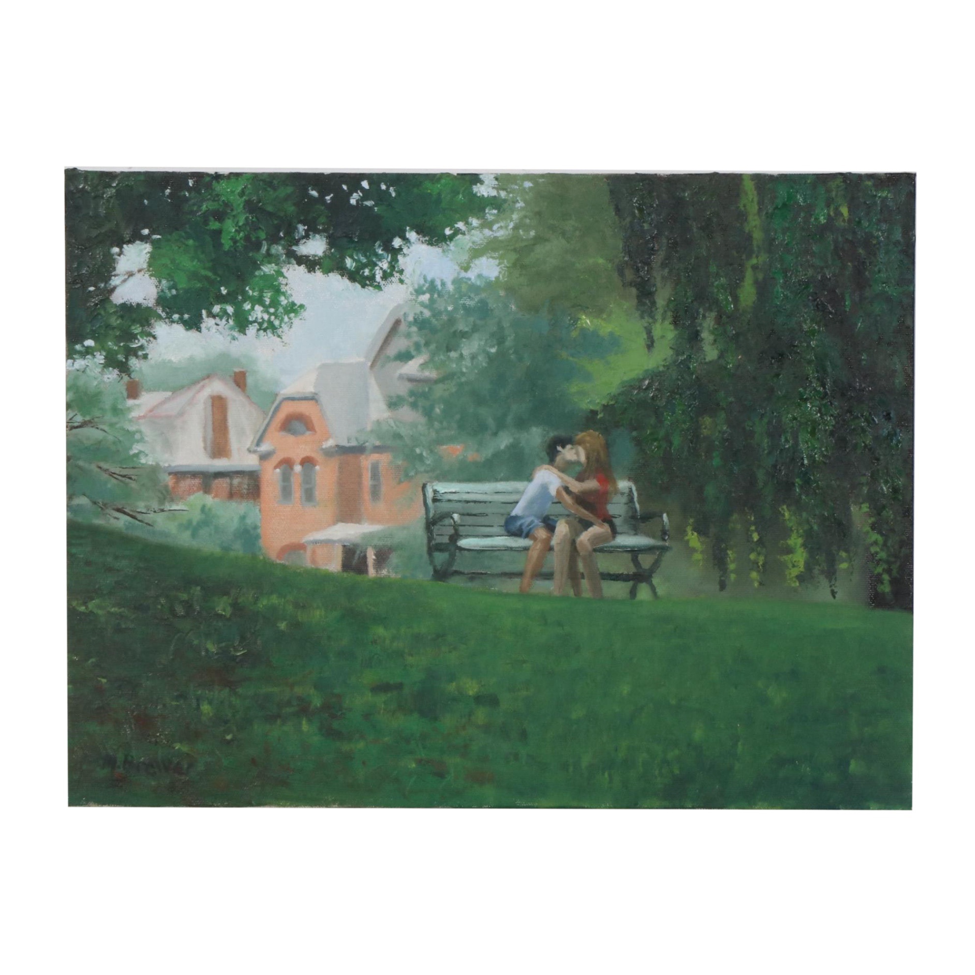 Marcus Brewer Oil Painting of Embracing Couple in Park