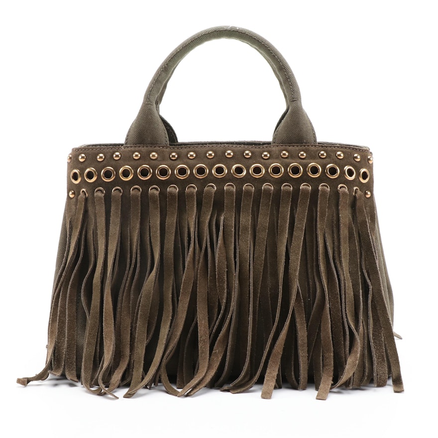 Prada Grommet Leather Fringe Handbag in Dark Olive Green Canapa Canvas