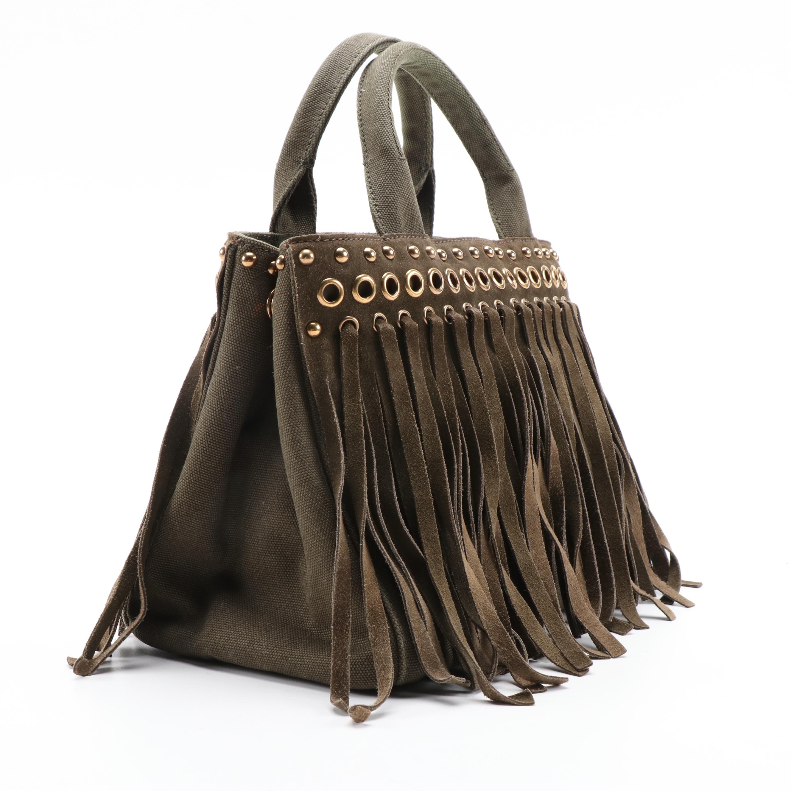 Prada Grommet Leather Fringe Handbag in Dark Olive Green Canapa Canvas