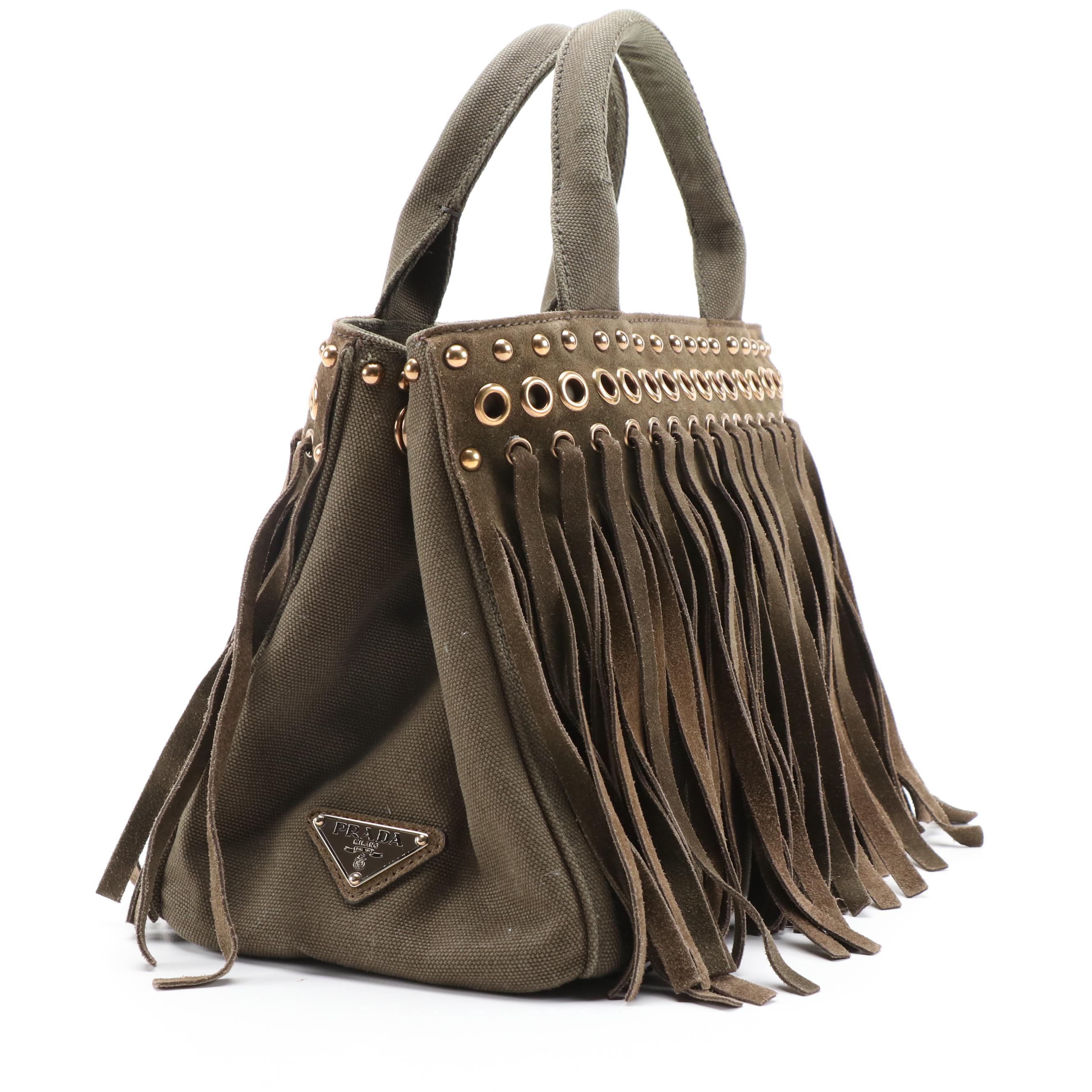 Prada Grommet Leather Fringe Handbag in Dark Olive Green Canapa Canvas