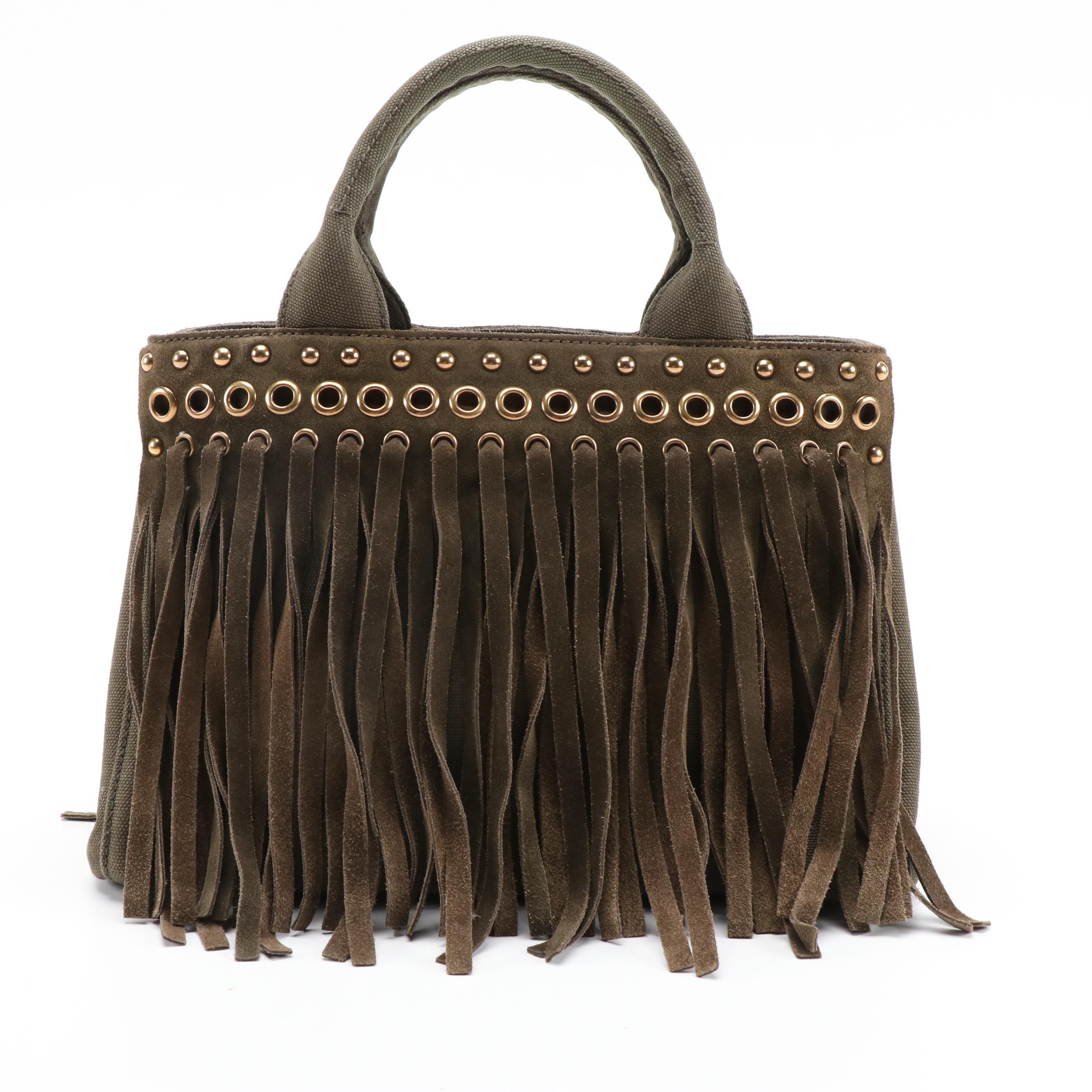 Prada Grommet Leather Fringe Handbag in Dark Olive Green Canapa Canvas