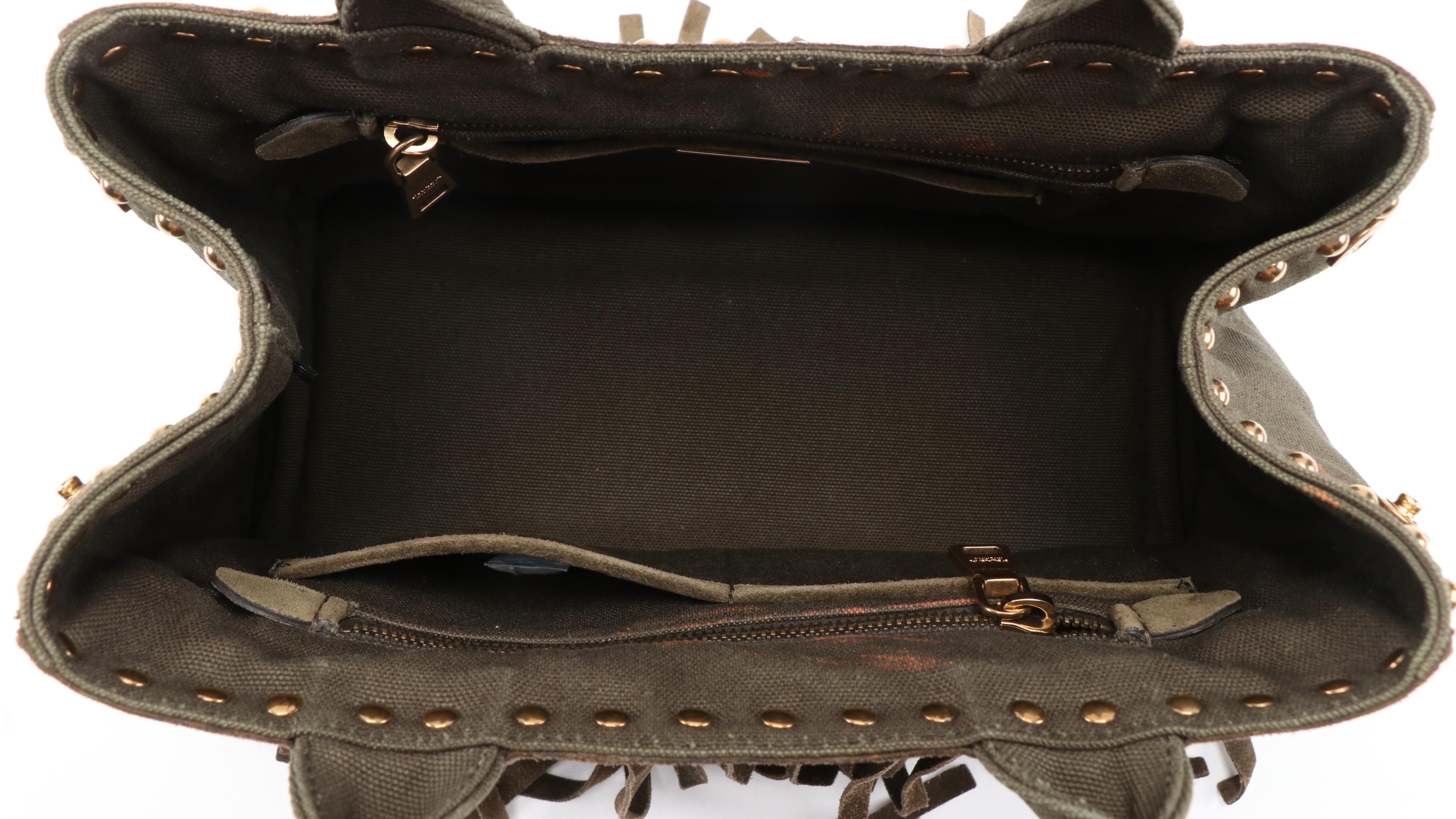 Prada Grommet Leather Fringe Handbag in Dark Olive Green Canapa Canvas