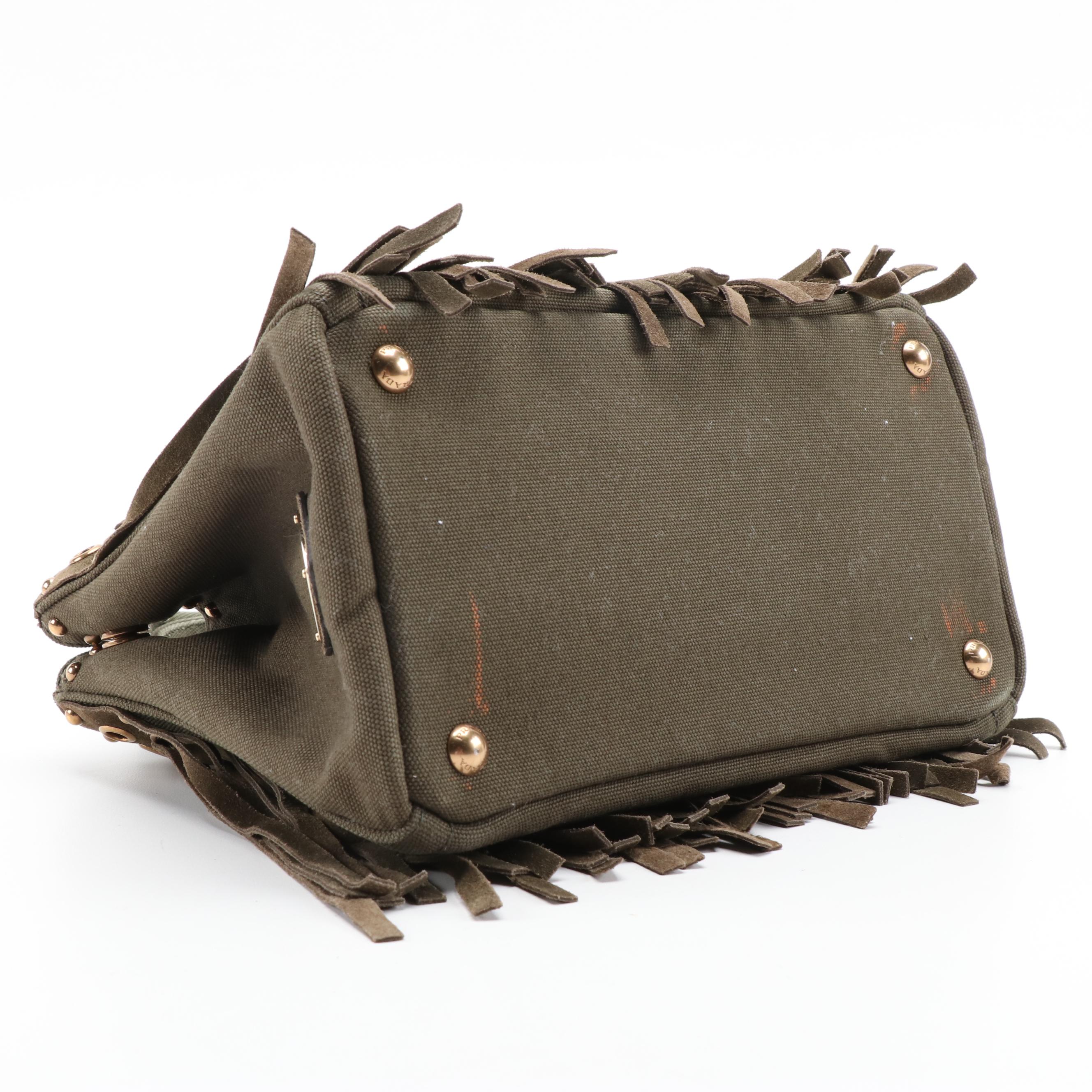 Prada Grommet Leather Fringe Handbag in Dark Olive Green Canapa Canvas