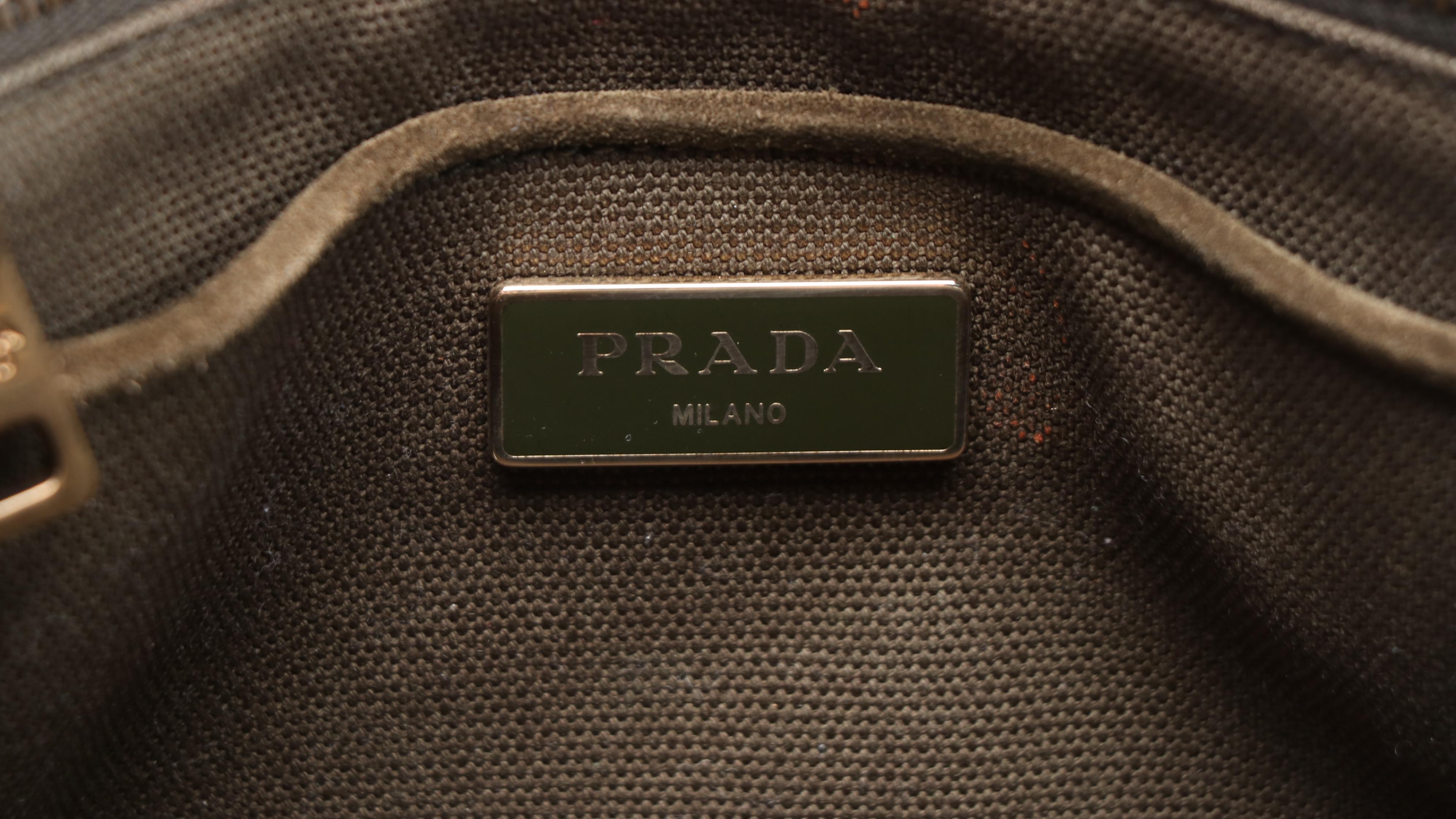 Prada Grommet Leather Fringe Handbag in Dark Olive Green Canapa Canvas