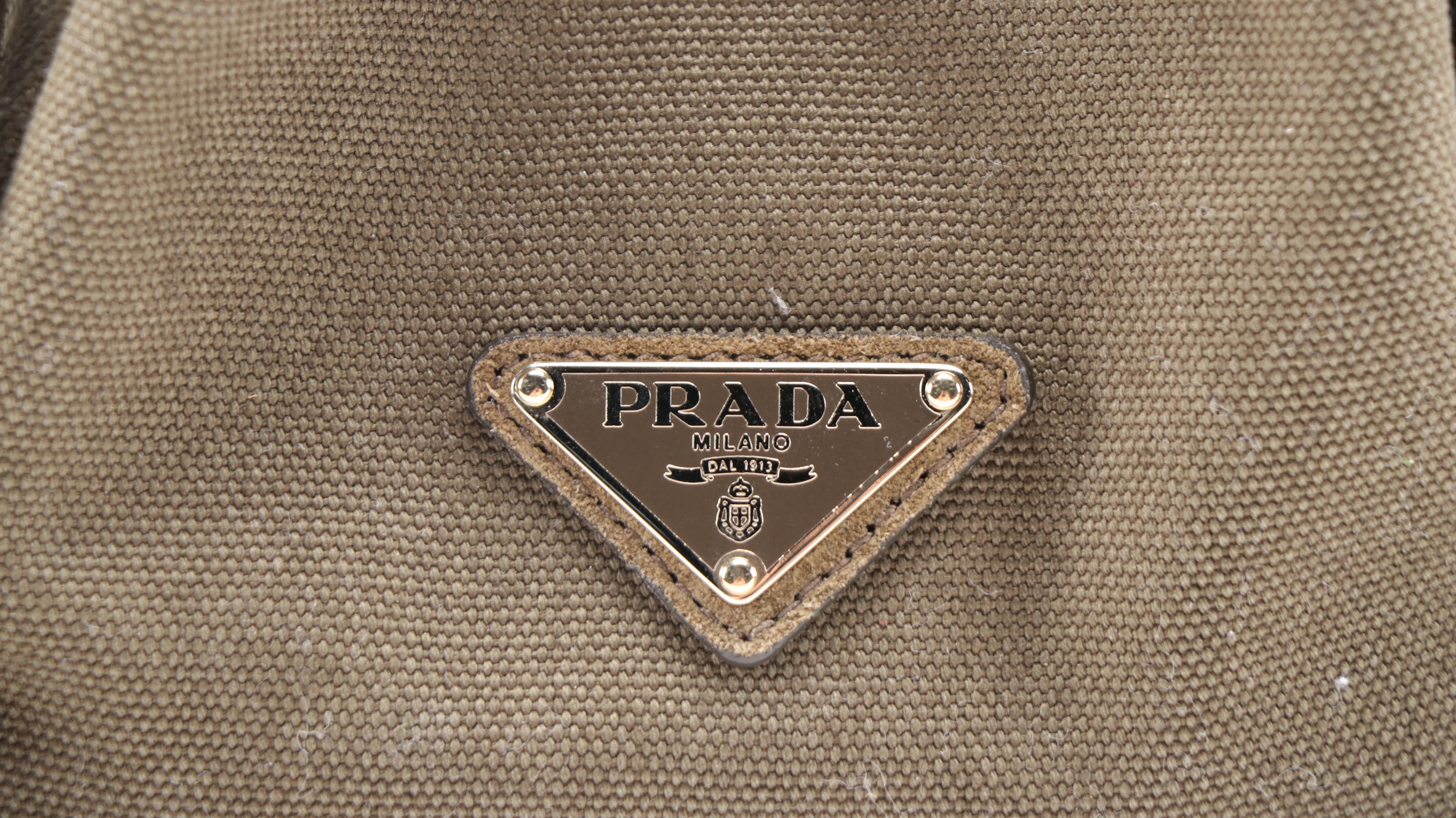 Prada Grommet Leather Fringe Handbag in Dark Olive Green Canapa Canvas