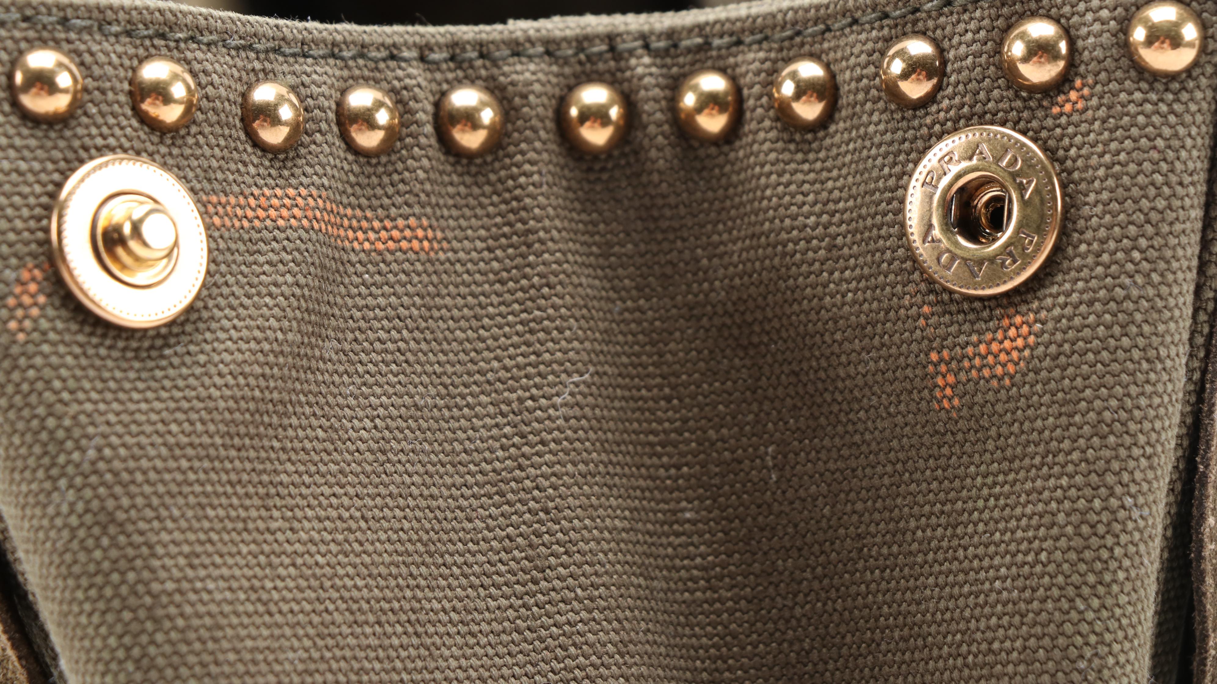 Prada Grommet Leather Fringe Handbag in Dark Olive Green Canapa Canvas