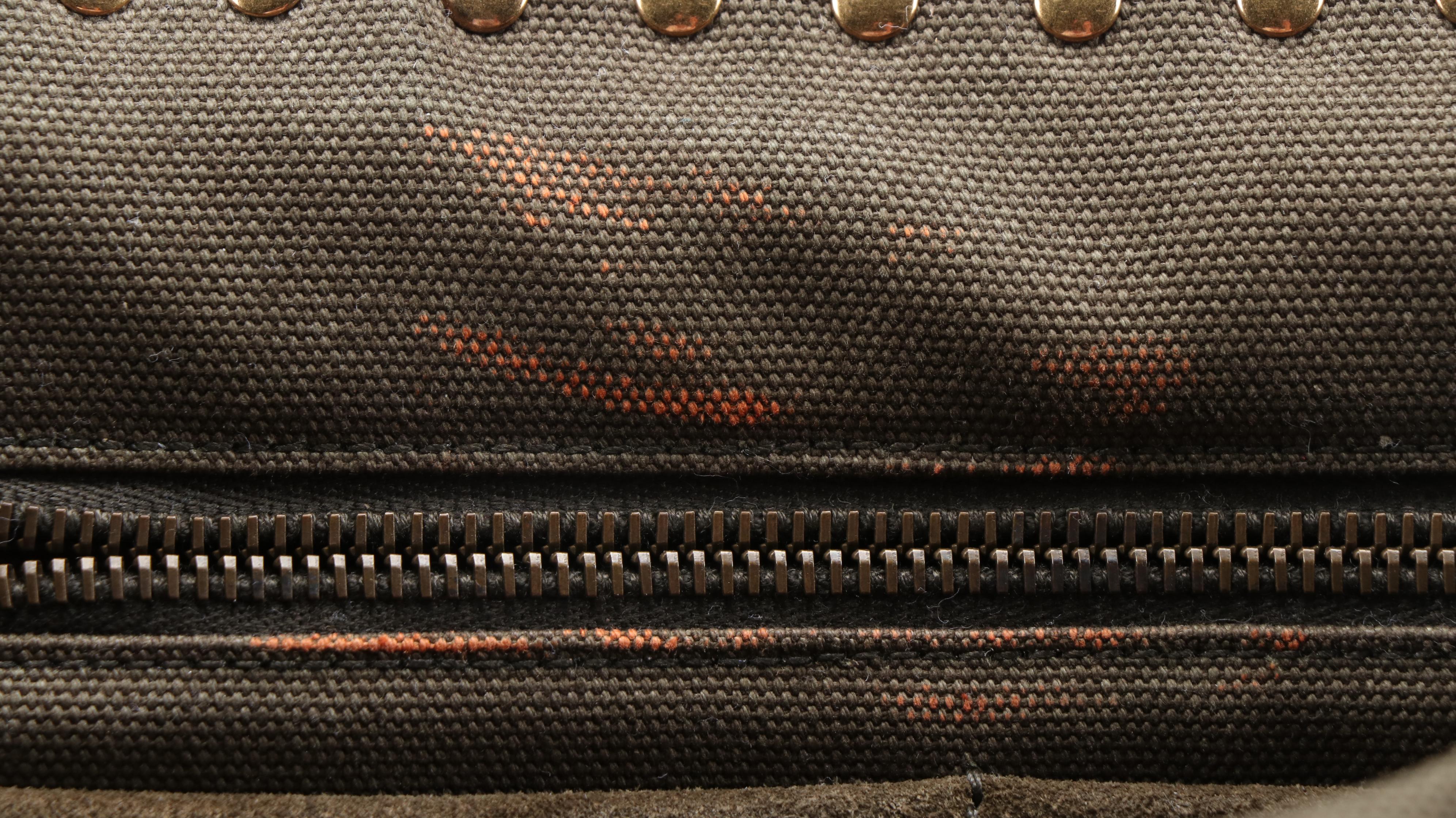 Prada Grommet Leather Fringe Handbag in Dark Olive Green Canapa Canvas